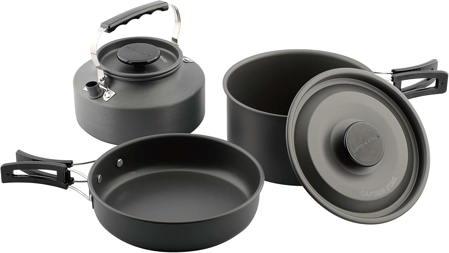 Captain Stag UH-4121 Kettle, Frying Pan, Cooker, Easy Aluminum Cooker Set, Hard Anodized Finish, Storage Case Included