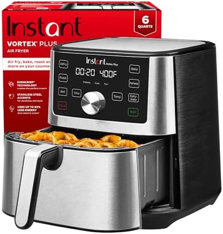 Instant Pot 6QT VORTEX Plus Air Fryer, 6-in-1, Air Fry, Broil, Dehydrate, Crisp, Roast, Reheat, Bake, Dishwasher-Safe Airfryer basket, from the Makers of Instant Pot, Stainless Steel