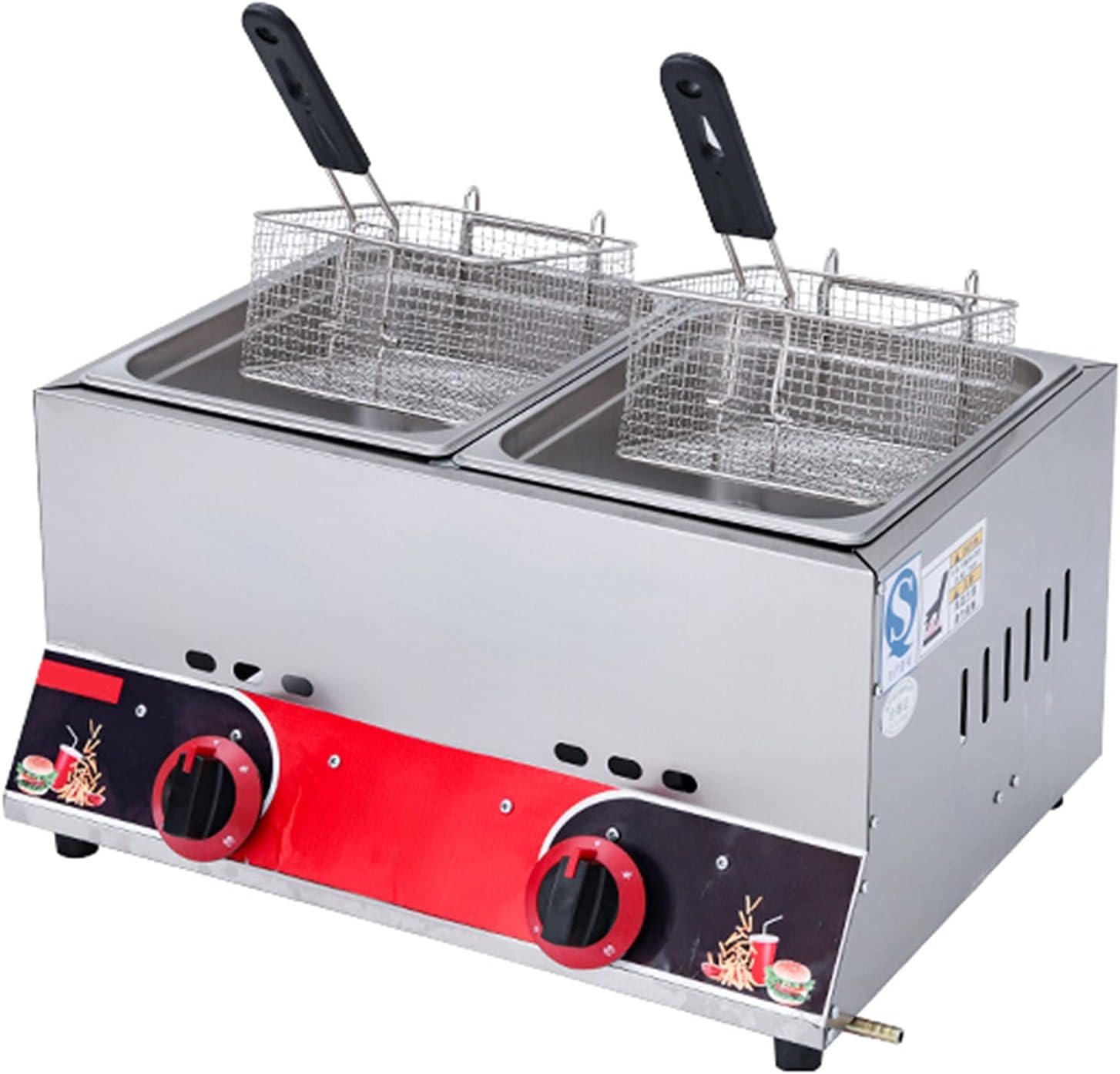 Professional Commercial Gas Fryer, Stainless Steel LPG Fryer, Adjustable Firepower, 22L Large Capacity Double Fryer, with Baskets and lid, Easy to Clean,Gas