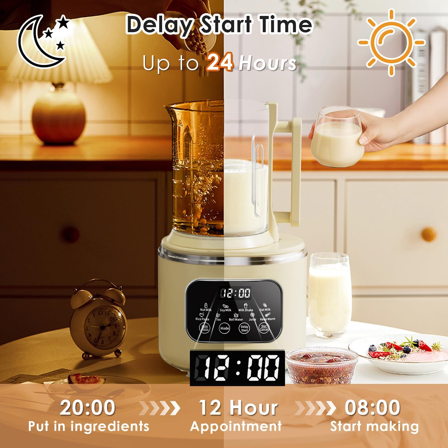 58oz Nut Milk Maker Machine, 10 in 1 Automatic Nut Milk Maker with 20 Blades, LED Display, Soy Milk Maker with 24H Delay Start&12H Keep Warm, Almond Milk Maker for Homemade Oat, Milk Shake, Cream
