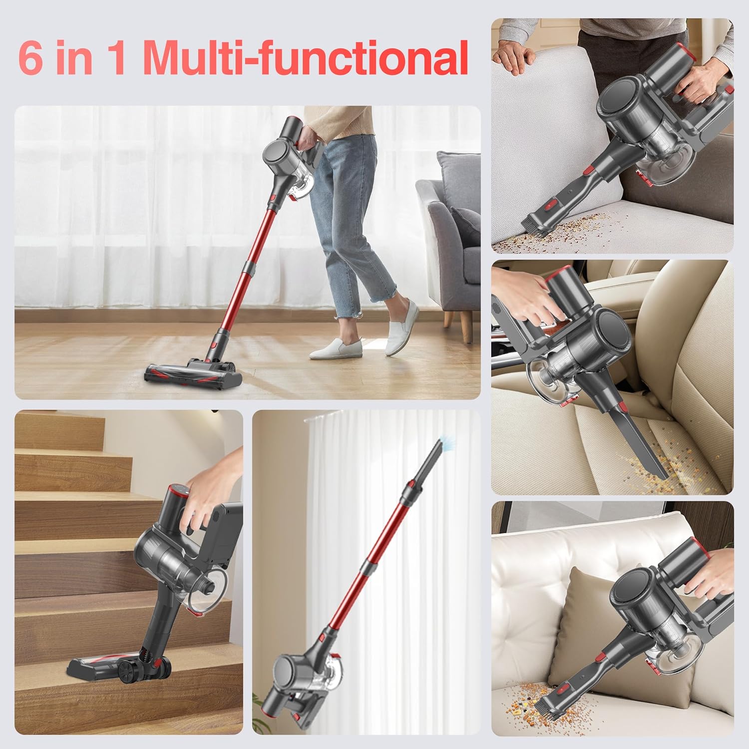 Zefiro Cordless Vacuum Cleaner for Home,450W /40Kpa 50Mins Stick Vacuum,Anti-Tangle 1.5L Dust Cup, Rechargeable Wireless Handheld Vacuum for Pet Hair/Carpet/Floor