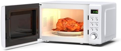 Retro Microwave Oven, SIMOE Small Countertop Microwave 0.7 cu. ft. 700W with 8 Preset Cooking Options (White)