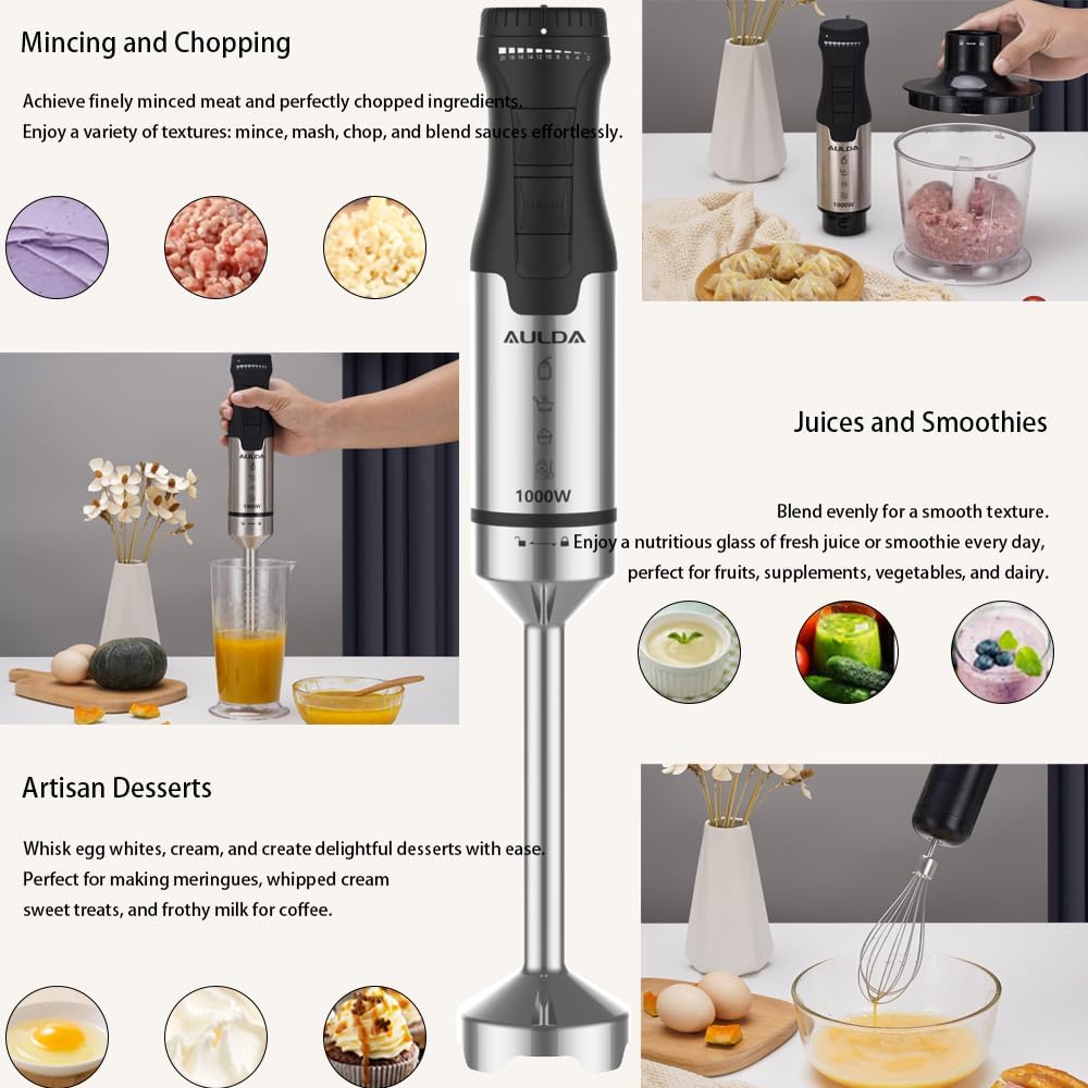 1000W 5-in-1 Immersion Hand Blender - 20 Speeds, Stainless Steel Stick Blender with Mixing Beaker, Chopper Bowl, Milk Frother, Egg Whisk for Smoothie, Baby Food, Sauces Red,Puree, Soup