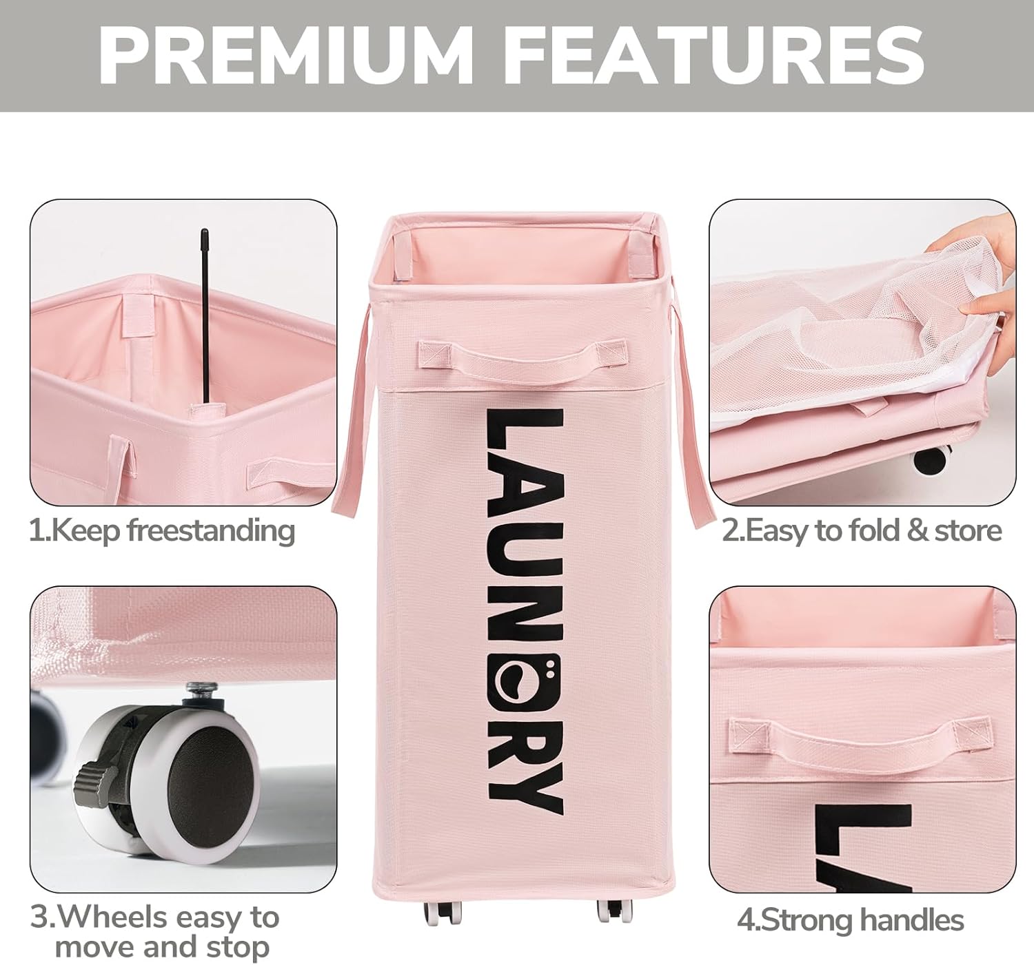 Goodpick Pink Laundry Basket with Wheels, Dorm Room Essentials for Girls, 75L Collapsible Laundry Basket, Laundry Hamper with Handle for College Dorm