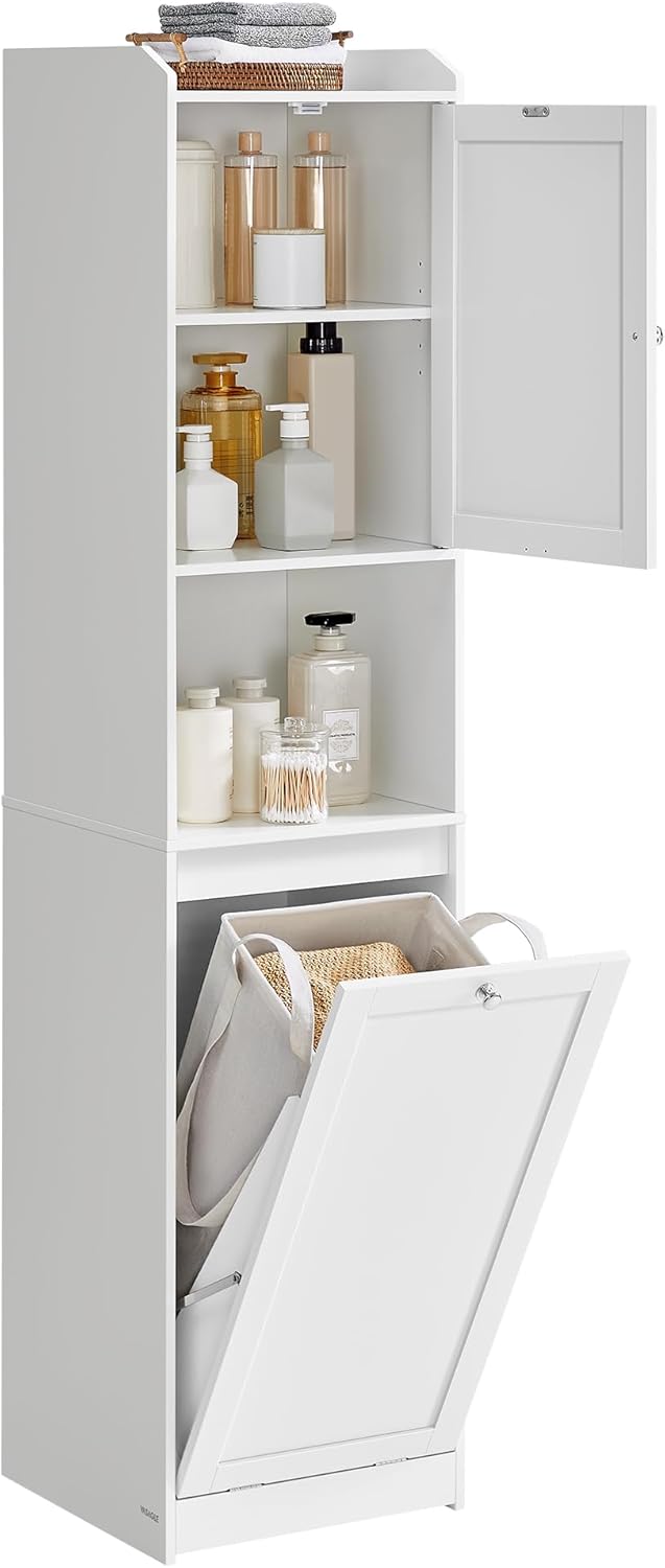 VASAGLE Tall Storage Cabinet, Storage Unit with Removable Laundry Basket, Compartment and Cabinet, for Bathroom, Living Room, 15.8 x 15.8 x 66.9 Inches, Cloud White UBBC761W01