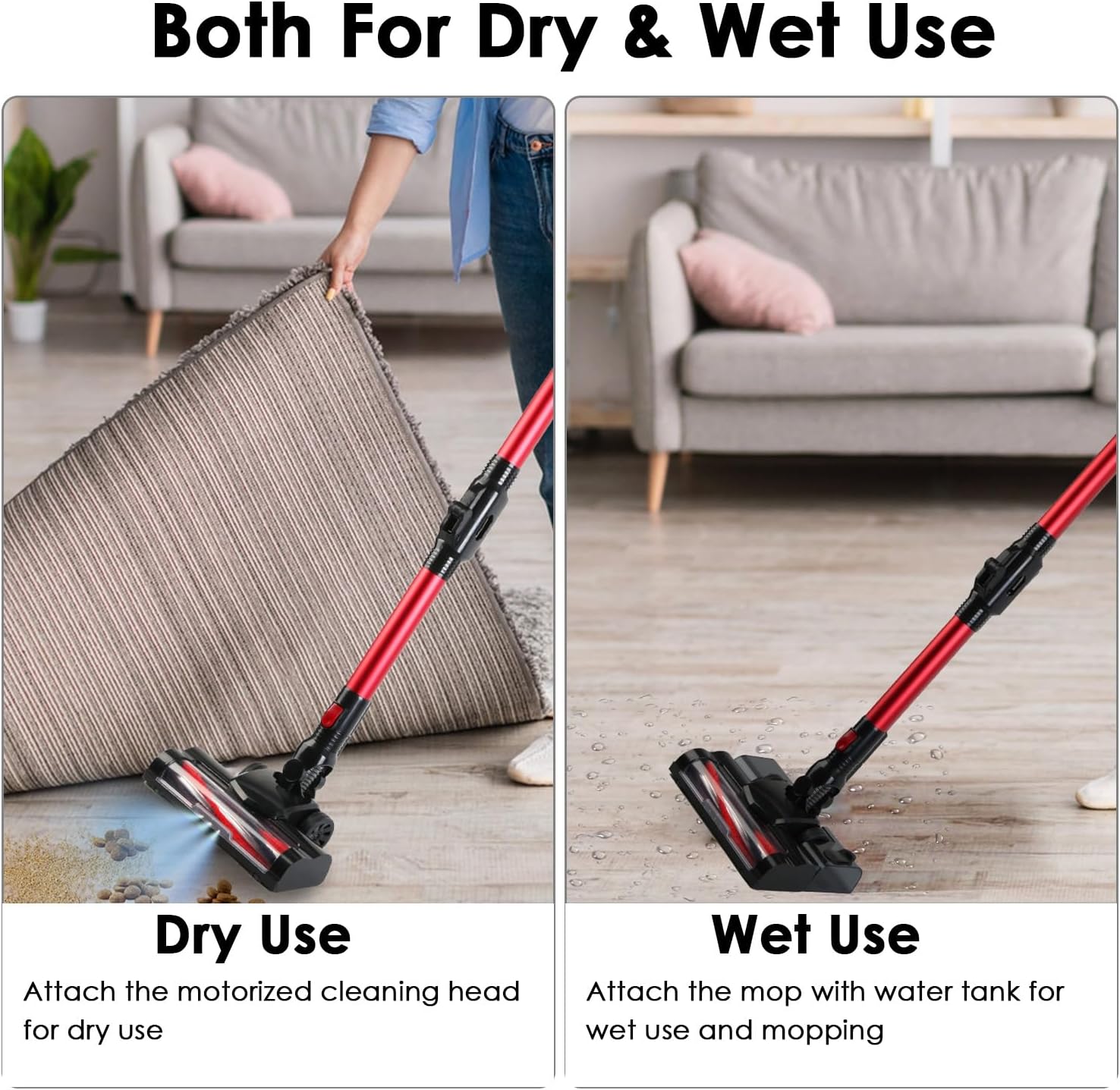 KOCASO Cordless Vacuum Cleaner - Powerful 12000PA Suction, Lightweight Rechargeable Stick Vacuum, 2 Adjustable Speeds, 4 Versatile Cleaning Tools, LED Light, 180° Foldable Design for Home & Car Use