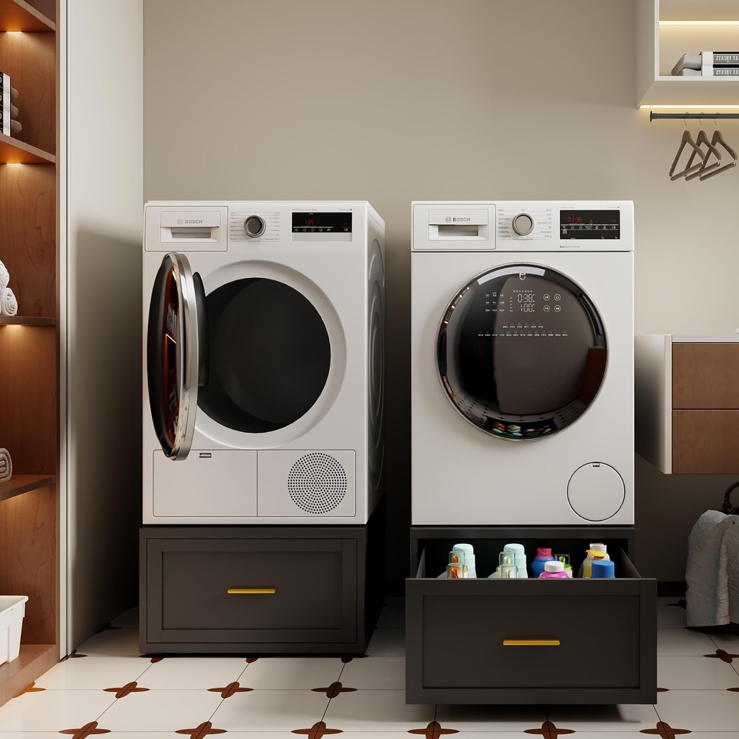 2 Pack Washer and Dryer Pedestals with Drawers,Multi-Functional Metal Freestanding Pedestal,Heavy Duty Metal Washing Machine Stand,Universal Fit Laundry Pedestal,440 LBS Capacity (2 Pack Black)