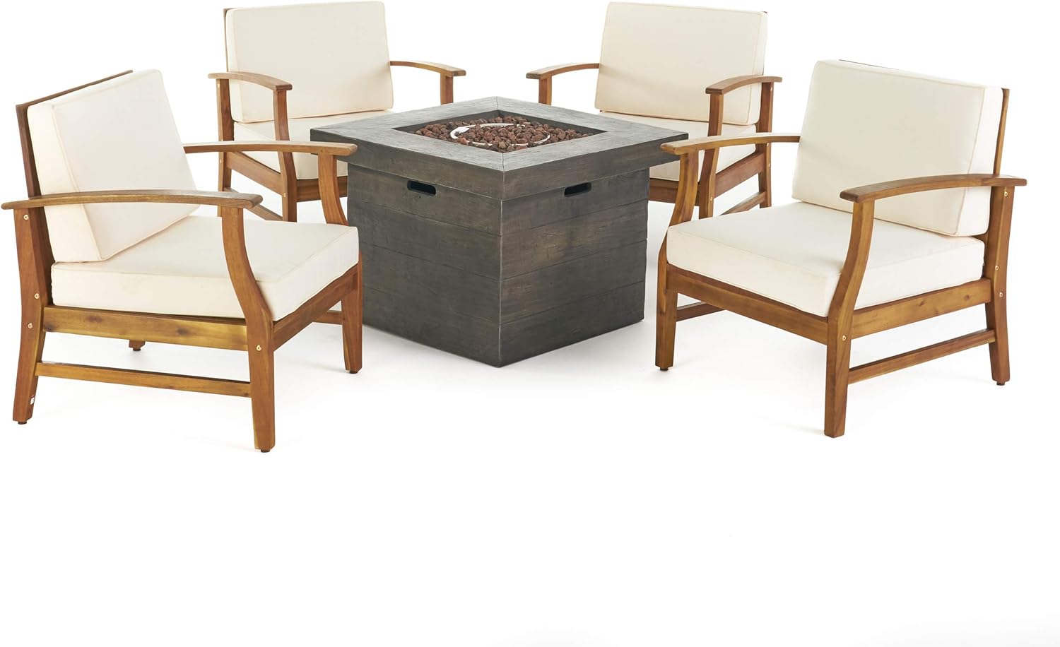 GDFStudio Outdoor 4 Seater Teak Finished Acacia Wood Club Chairs with Cream Water Resistant Cushions & Brown Fire Pit