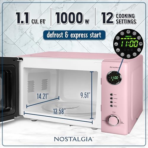 Nostalgia Retro Countertop Microwave Oven - 1.1 Cu Ft & 1000 Watt Power- Easy to Clean with Removable Glass Turntable - Child Safety Lock - 12 Programs - Digital Clock - Pink
