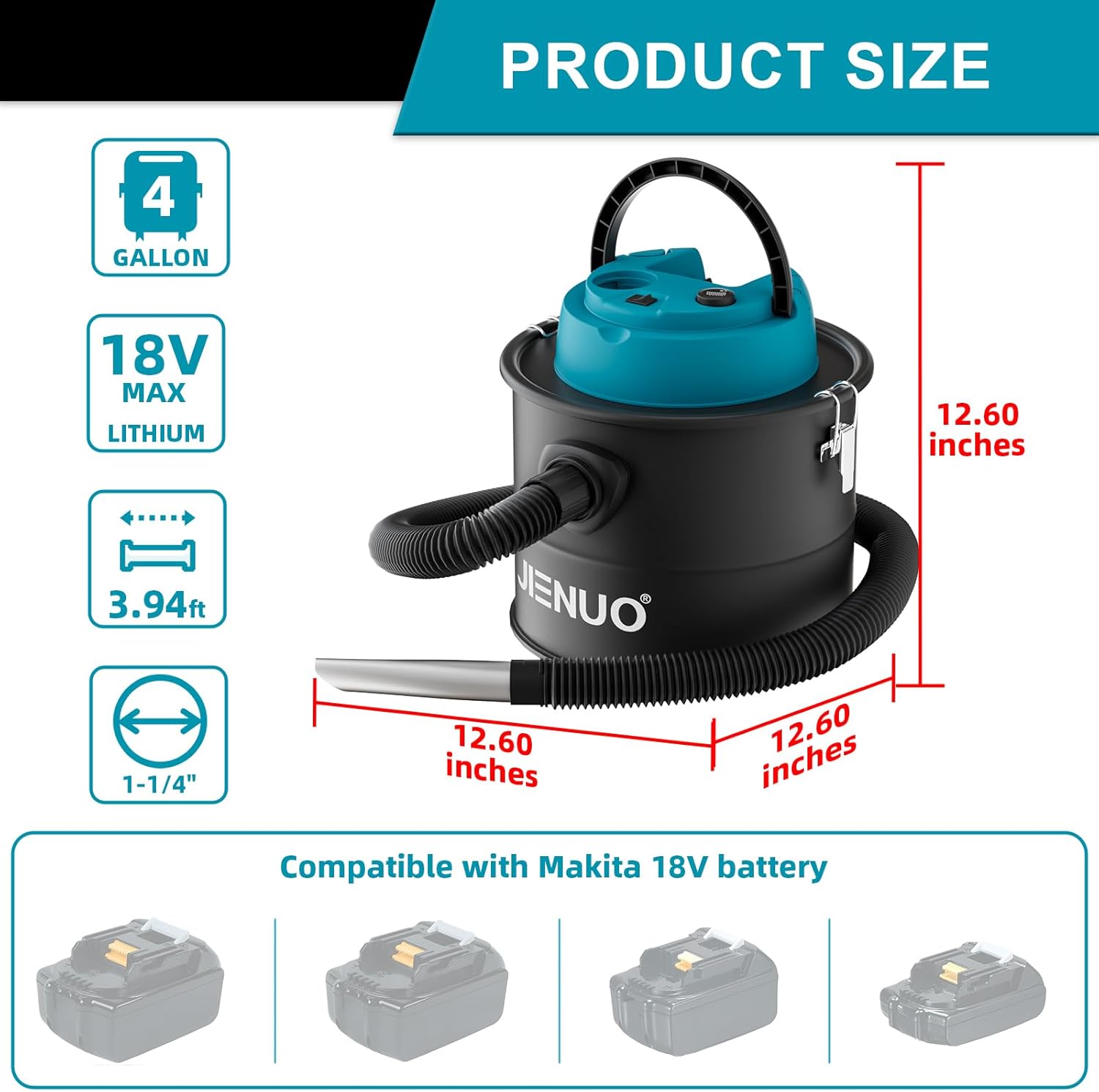 Cordless Ash Vacuum Cleaner Compatible with Makita 18V Battery, 4 Gallon Portable Ash Vac with Filter Clean, Blow Function for Pellet Stoves, Fireplaces, and BBQ Grills(Battery is not Included)