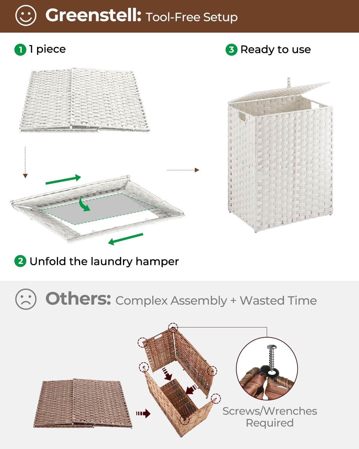 Greenstell Laundry Hamper with 2 Removable Liner Bags，90L Divided Clothes Hamper, Handwoven Synthetic Rattan Foldable Laundry Basket with Lid and Handles White (18.5 x 13.3 x 24.0Inches)