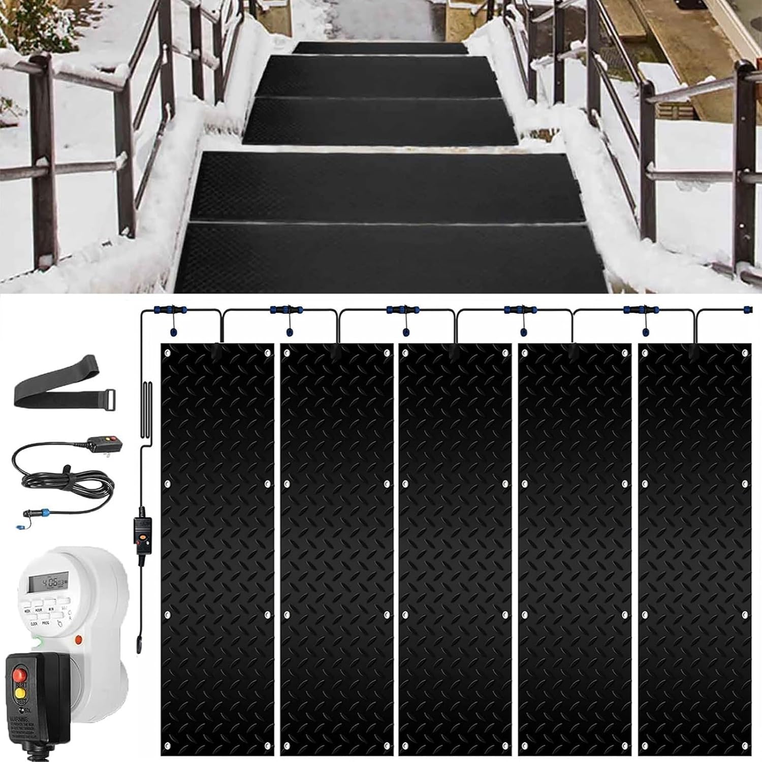 Snow Melting Walkway Mat with Timer, 1/2/3/4/5 Pcs Non Slip Rubber Heated Mat with Power Cord, 2 in/h Speed Melting for Winter Outdoor Stairs Doorways Walkways(5 Pcs,10x48in/(25.4x120cm))