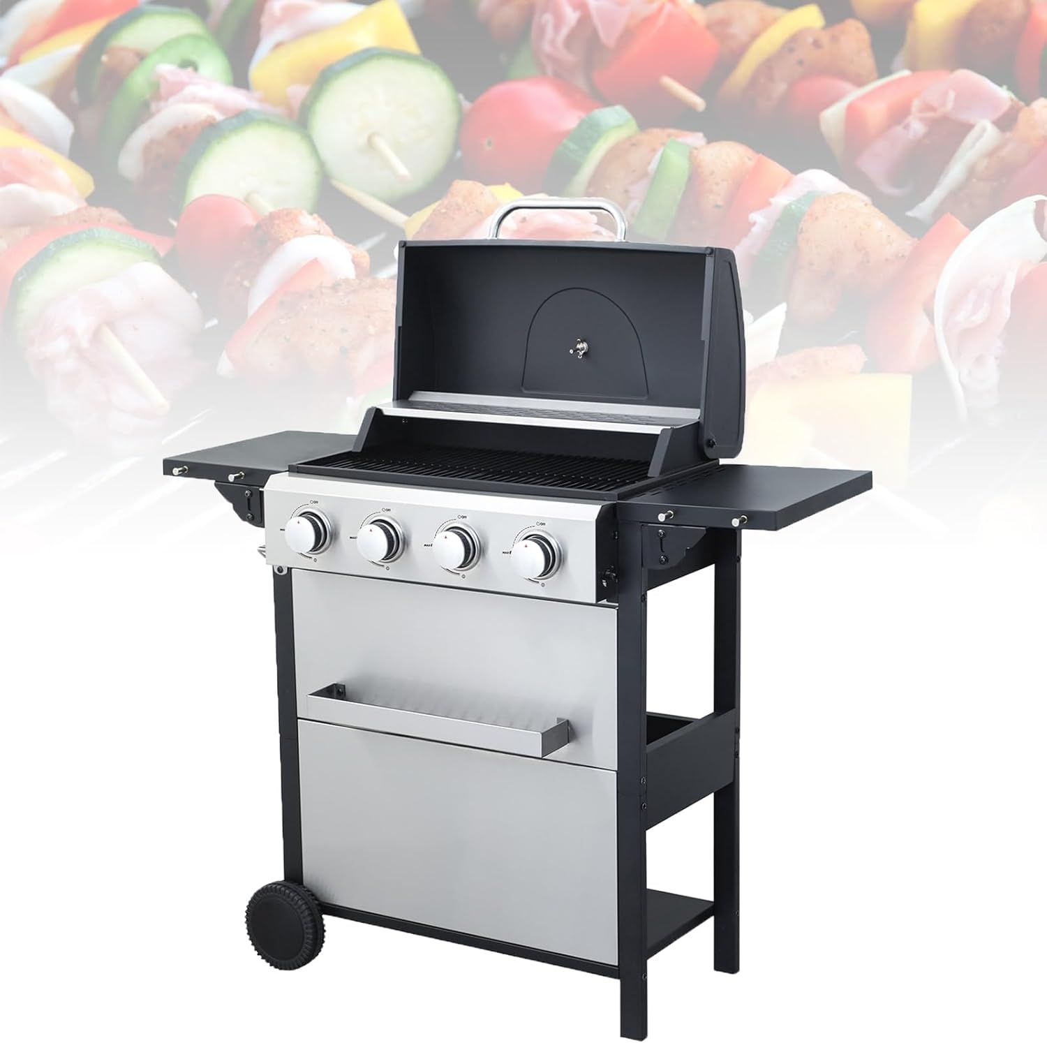 4 Burner Propane Gas Bbq Grill Stainless Steel 34200 Btu with Wire Enamel Cooking Grids Folding Side Tables Hanging Basket and 2 Rollers for Outdoor Cooking