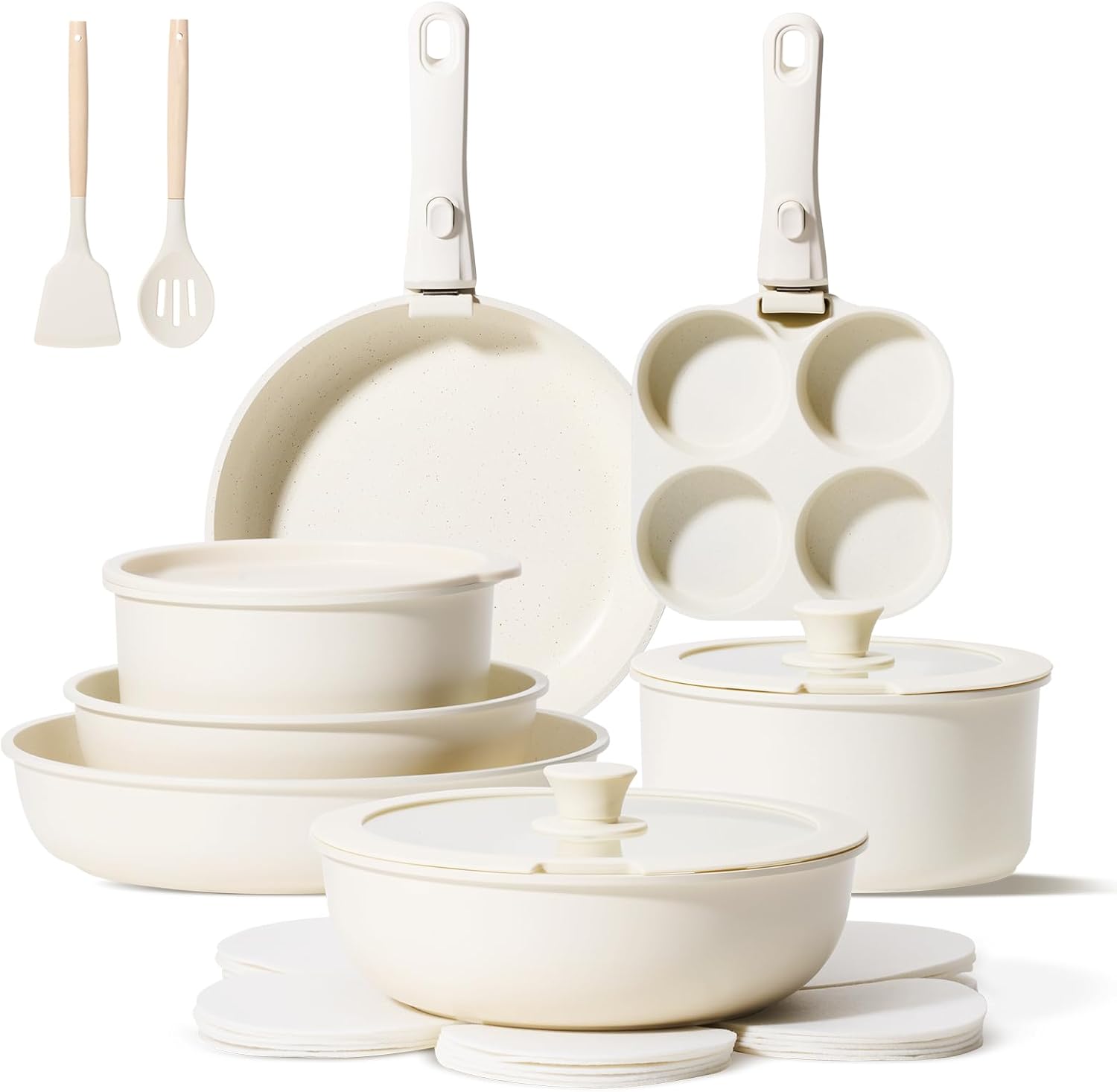 JEETEE Pots and Pans Set Non Stick 19pcs, Kitchen Cookware Sets with Detachable Handle, Induction Nonstick Cookware Set with Removable Handle, Stackable RV Cookware, Oven Safe, PFAS/PFOA Free, Beige