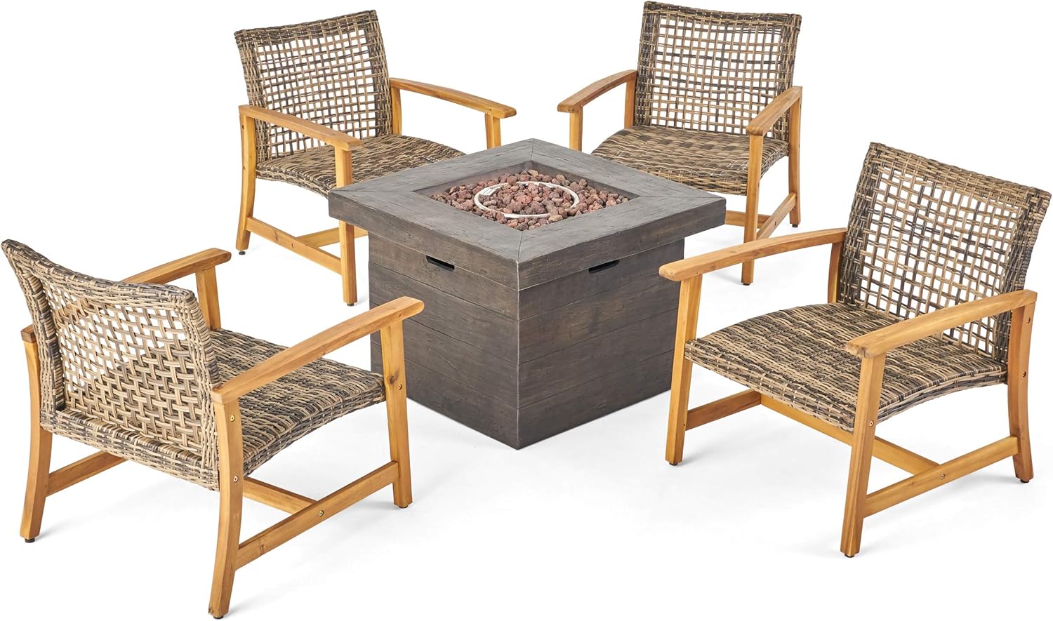 GDFStudio Outdoor 5 Piece Wood and Wicker Club Chairs and Fire Pit Set, Gray and Brown