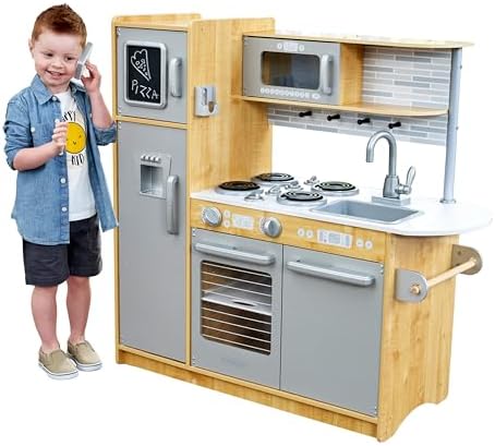 KidKraft Uptown Natural Wooden Play Kitchen with Play Phone, Chalkboard & Towel Rack, Gift for Ages 3+
