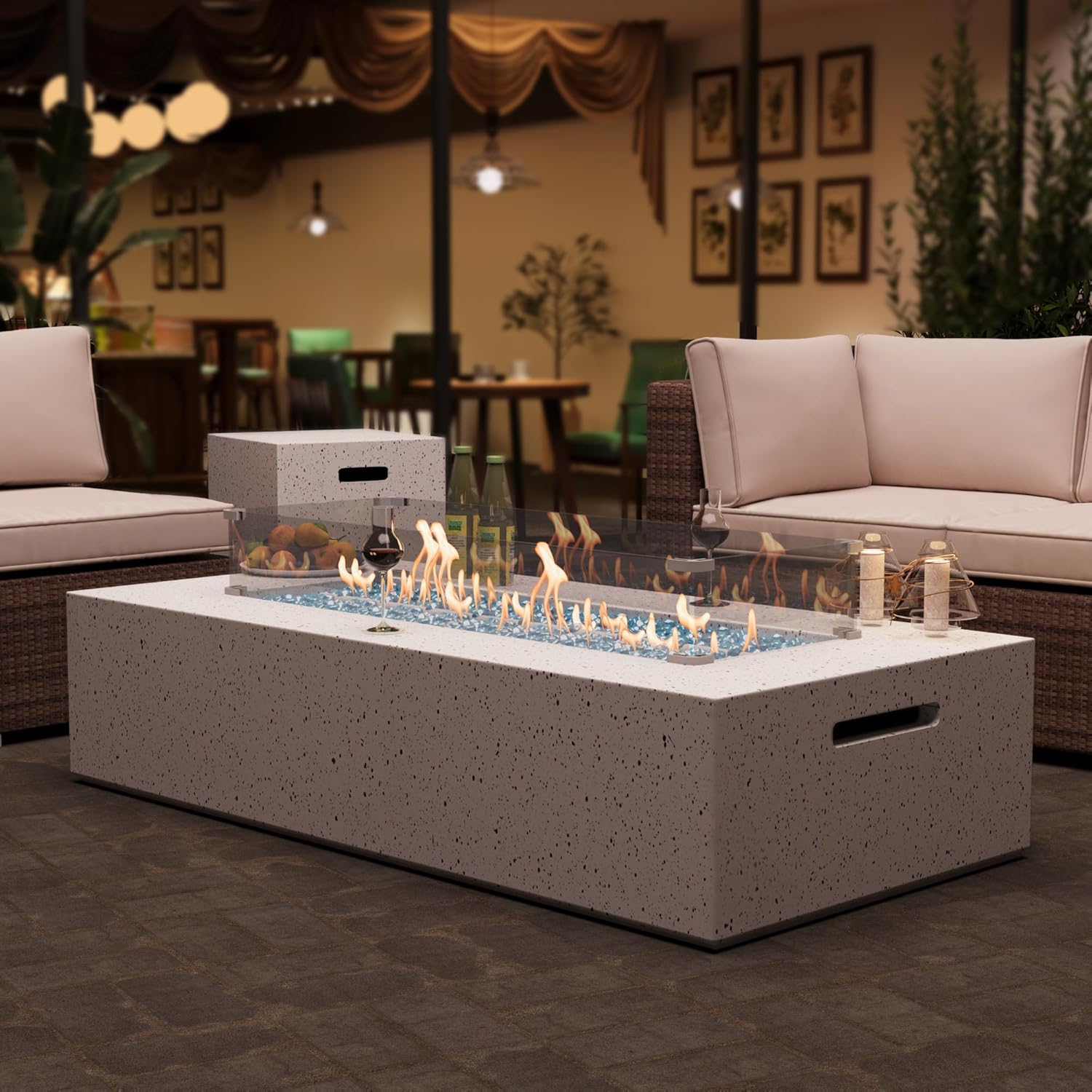 2-Piece Outdoor Propane Fire Pit Table Set – Premium Terrazzo-Like MgO Finish, 56-Inch Gas Fire Table with Glass Wind Guard for Patio, Garden & Backyard, Includes Rain Cover & Glass Beads