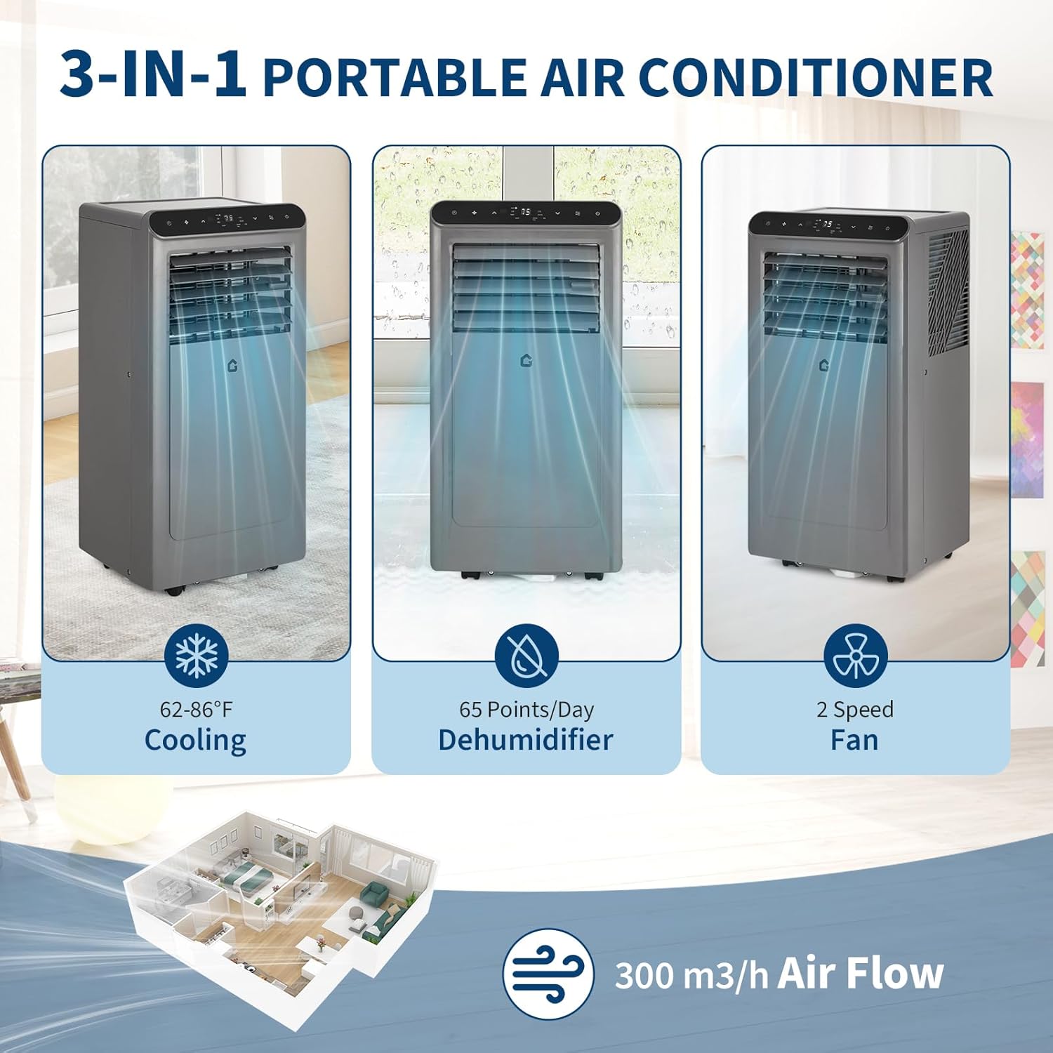 2025 New Model Portable Air Conditioner, 10000 BTU Air Conditioner Cool Up to 550 Sq.Ft, 3-in-1 AC Unit, Dehumidifier, Fan, Window Installation Kit & Remote Control,LED Display,24Hrs Timer for Home