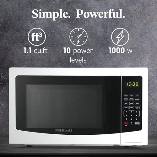 Farberware 1.1 Cu. Ft. Countertop Microwave Oven – 1000 Watts Power, Auto Cook Settings, Defrost, Easy Clean and Child Safety Lock - White