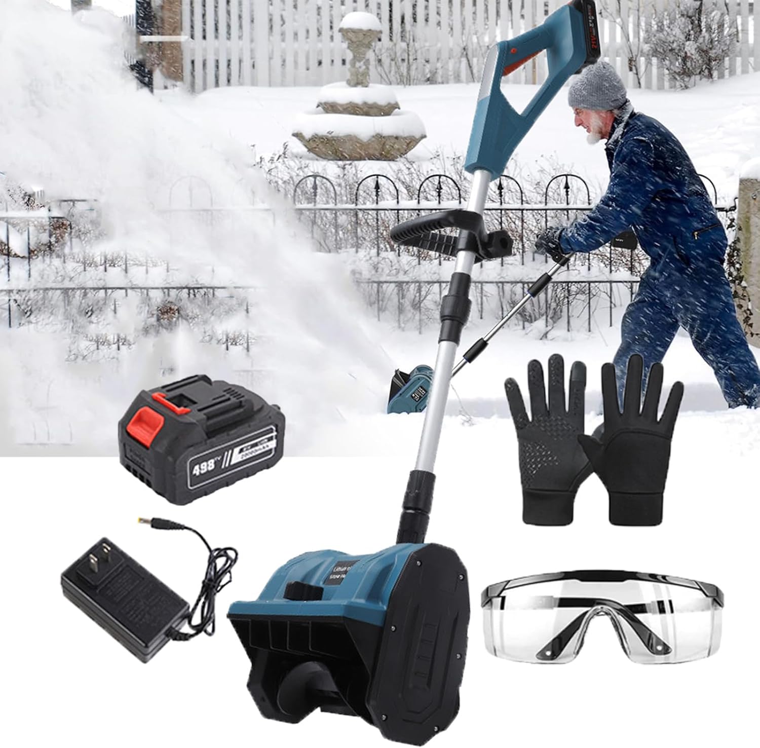 Home Cordless Snow Shovel, Brushless Battery Snow Blower, Lightweight Folding Snow Thrower with Adjustable Front Handle & Directional Plate,Blue-1Battery