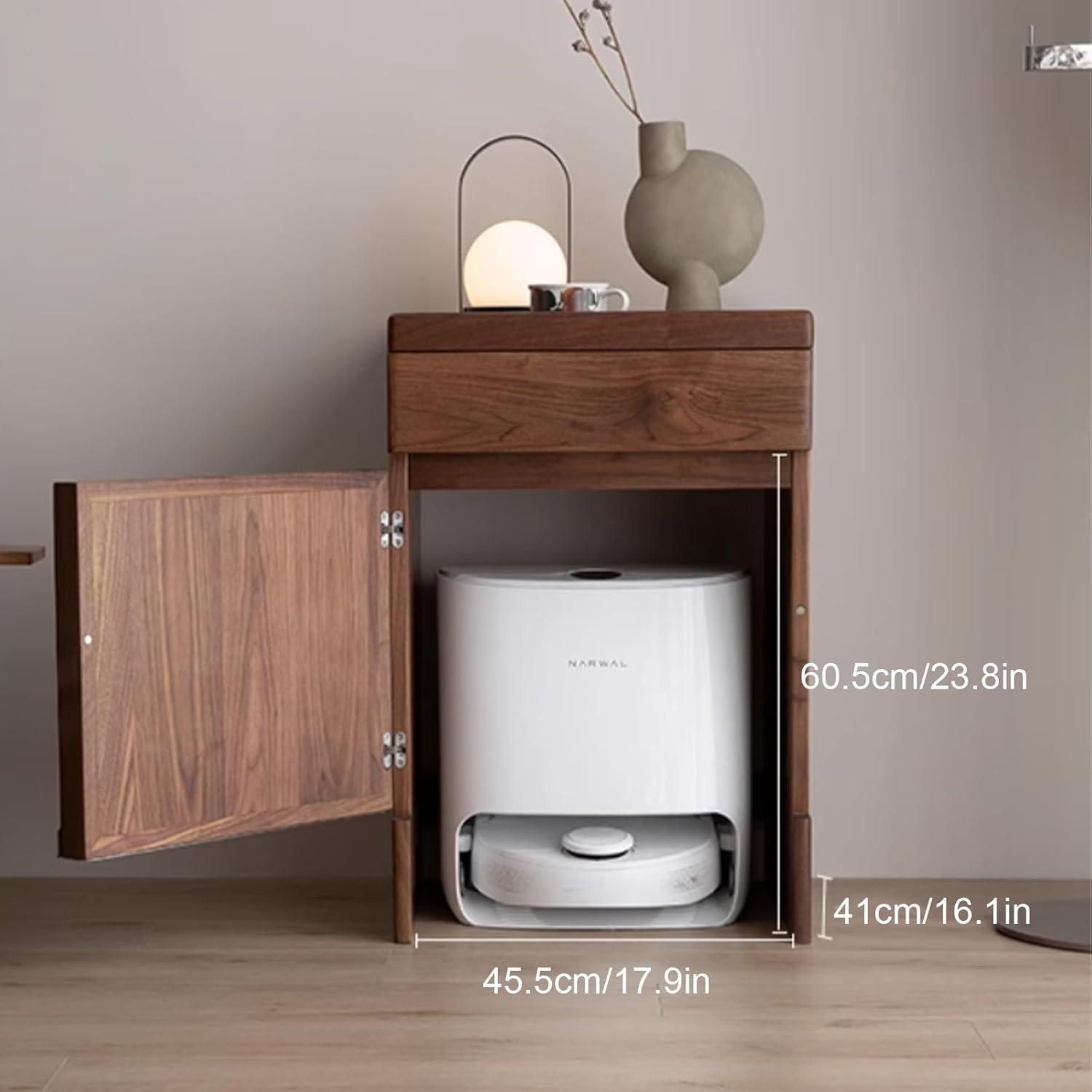 Storage Cabinet With Doors And Drawers For Robot Vacuum Cleaner,Wood Accent End Side Table For Living Room, Home Office(Yellow)