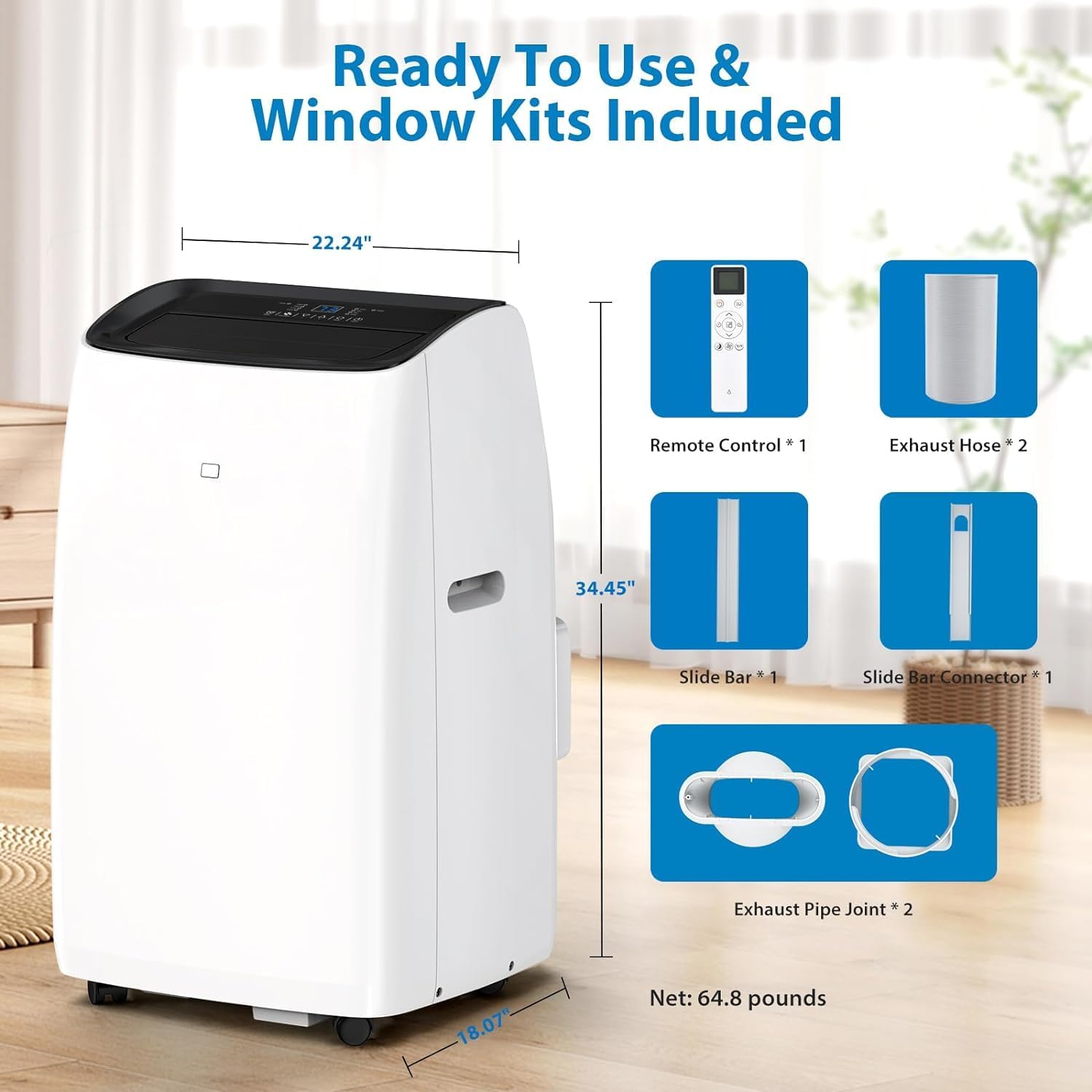14000Btu Inverter Portable Air Conditioner, Dual Hose Portable Air Conditioner Cools & Heats up to 750 Sq Ft, Dehumidifier & Fan with Sleep Mode 42dB, 4-1 Standing AC Unit, Window Kit