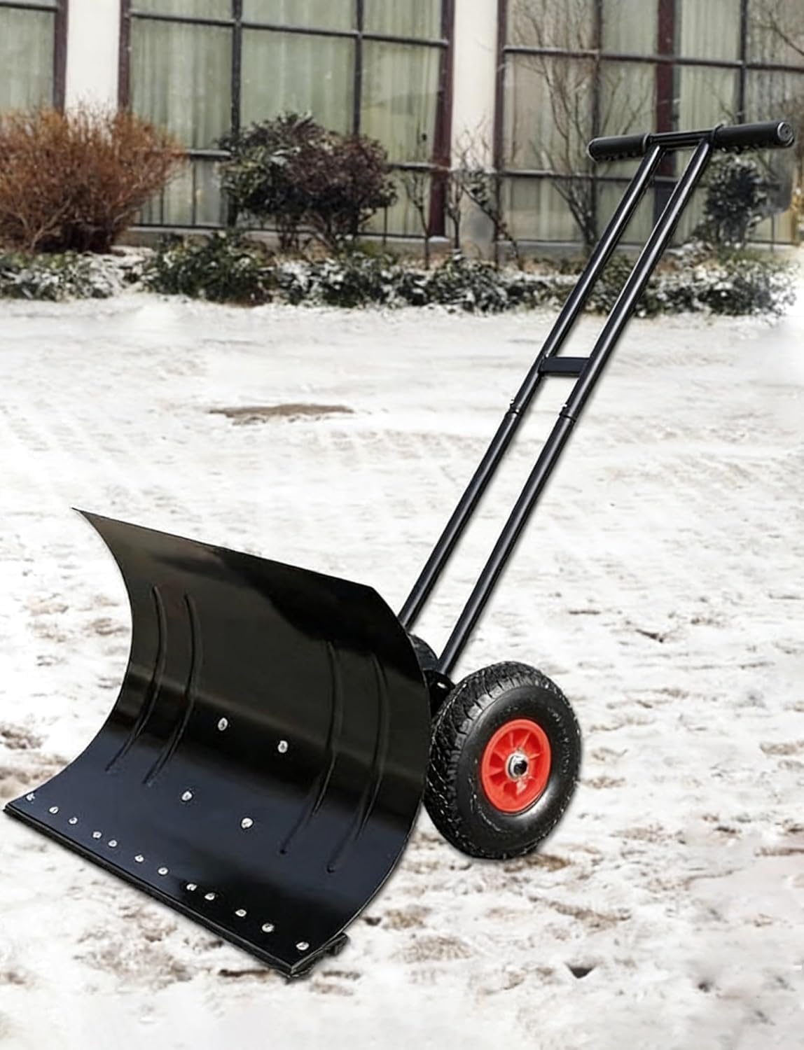 Wheeled Rolling Snow Shovel, Multi-Angle Steel Snow Pusher with Adjustable Handle for Fast Snow Removal on Sidewalks(Dual-Handle)