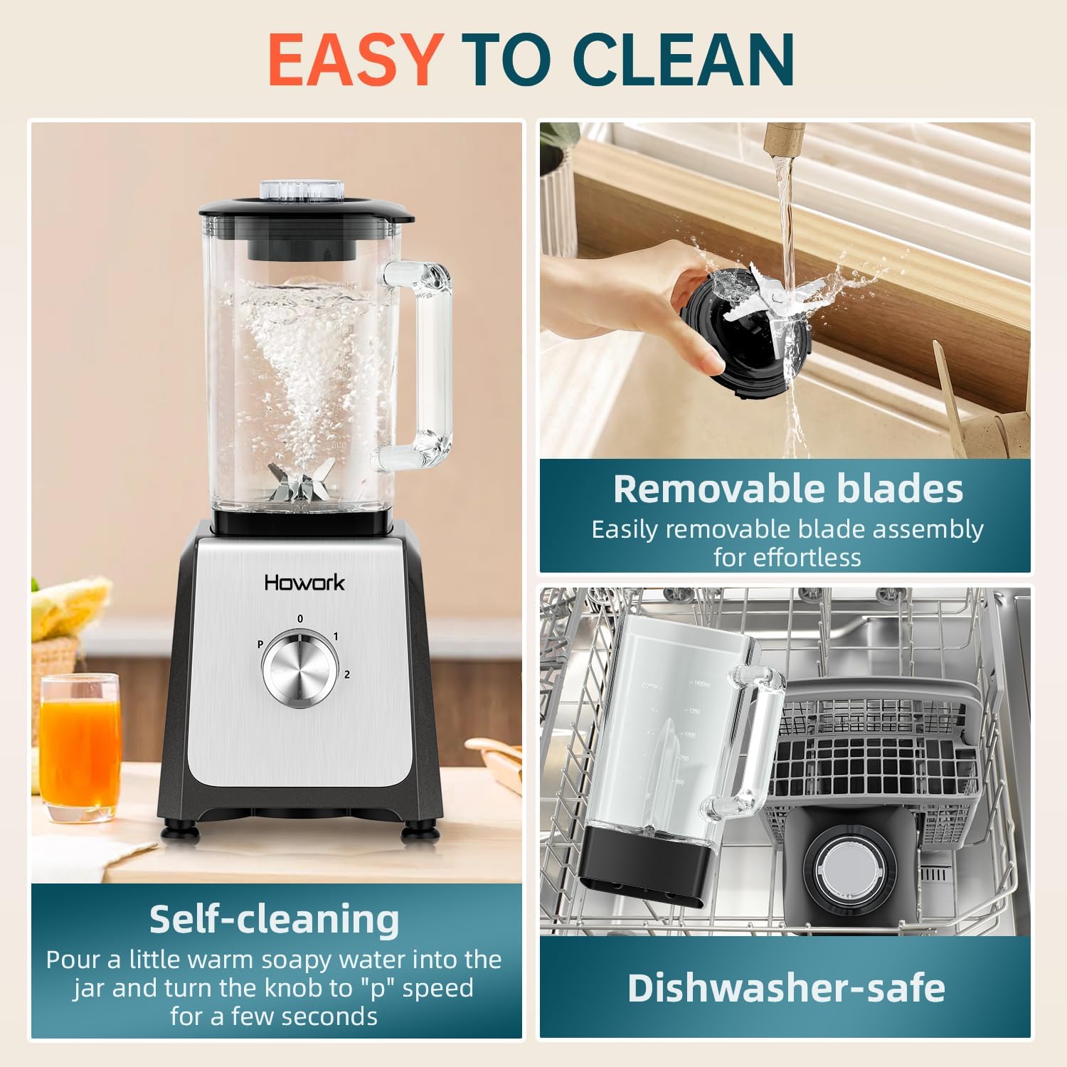 HOWORK Blender for Smoothies, 750W Personal Blender, 56 Oz Glass Jar, 16oz Portable Cups,2+P speed, 3 Functions for Smoothies, Frozen Drinks & Ice Cream,Grey