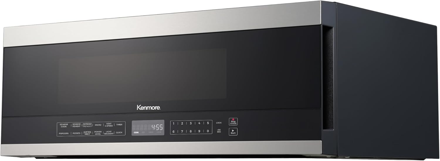 Kenmore KMOMJK12S2SW-10 Low Profile Over The Range Microwave Hood Combination Steam & Sensor Cooking, 11 Power Levels, 1.2 Cu Ft, Stainless Steel