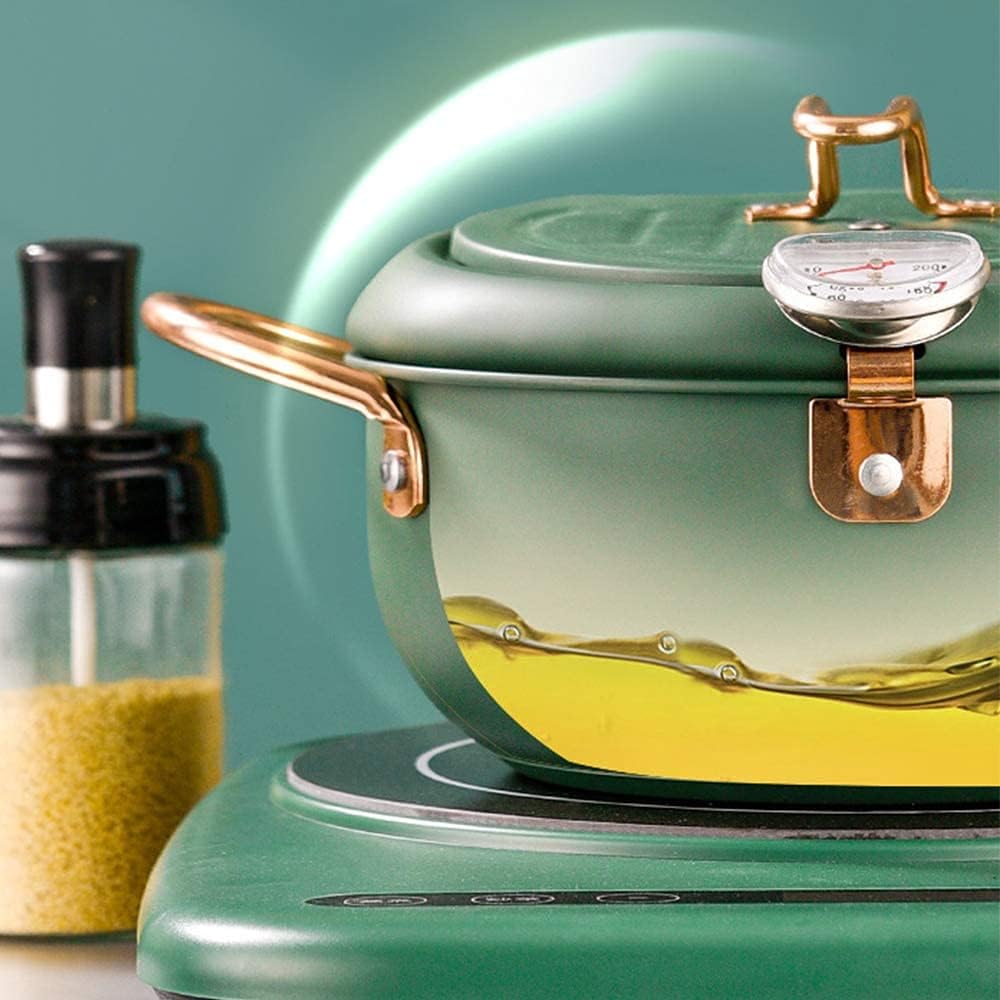 Stainless Steel Deep Frying Pot with Thermometer and Oil Drip Rack Lid Japanese Style Deep Fryer Pot for Home Fry Chicken Chips Fish Shrimp (7.9 inch, green)