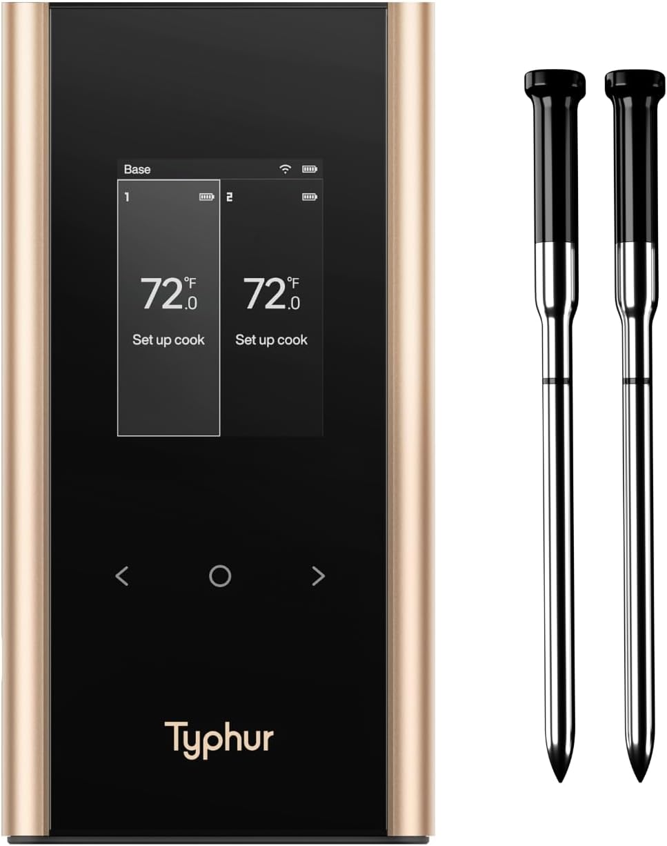 Typhur Sync Gold Wireless WiFi Meat Thermometer, 2 Slim Probes, 6 Sensors, 10x Stronger Signal, ±0.5℉ Accuracy, Smart Base Direct Setup, Reliable Reading Through Kamado Grill BBQ Oven Smoker Air Fryer