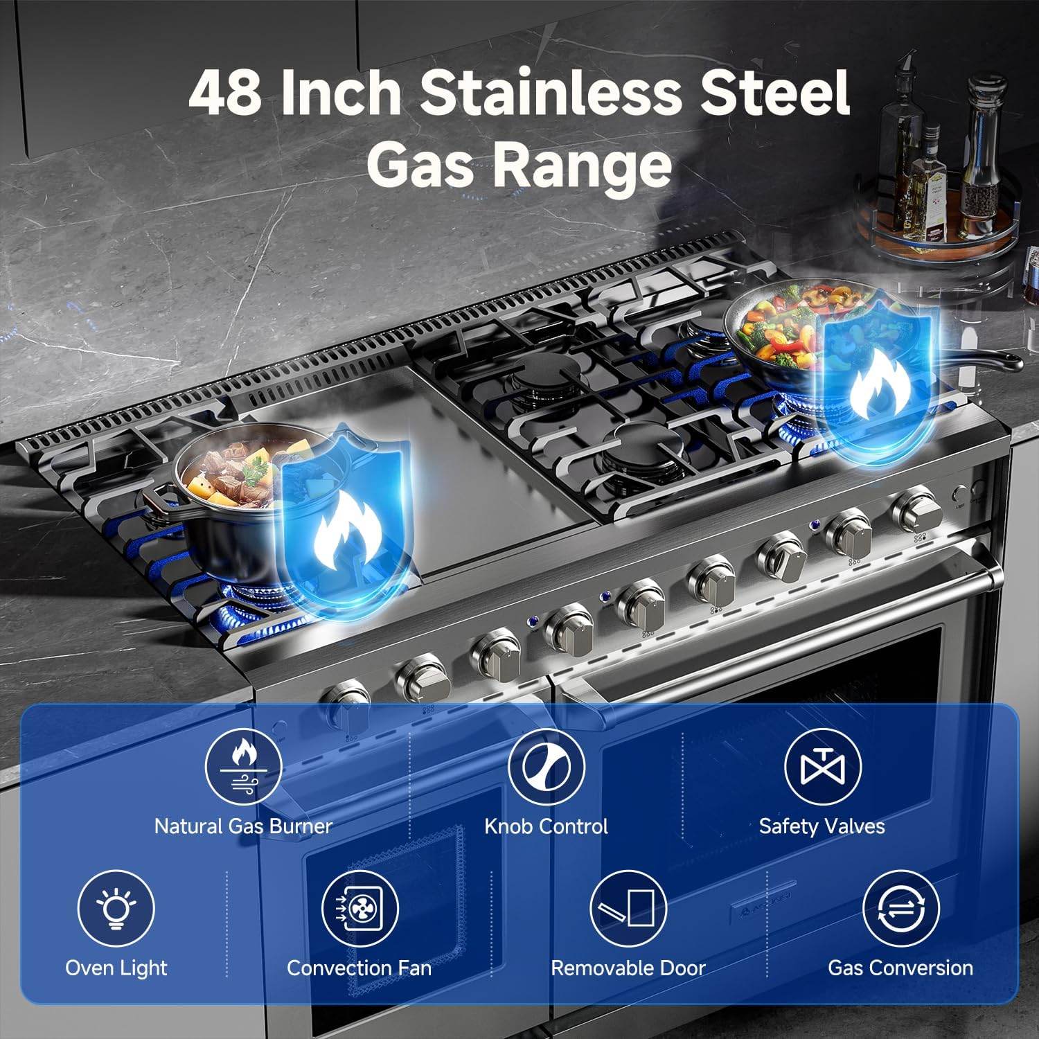 AAOBOSI 48 Inch Freestanding Gas Range Ovens with 7.0 cu.ft Large Capacity Double Convection Ovens, 6 Sealed Burners Plus Iron Grill Burner, Stainless Steel Gas Range Stove with NG/LPG Convertible