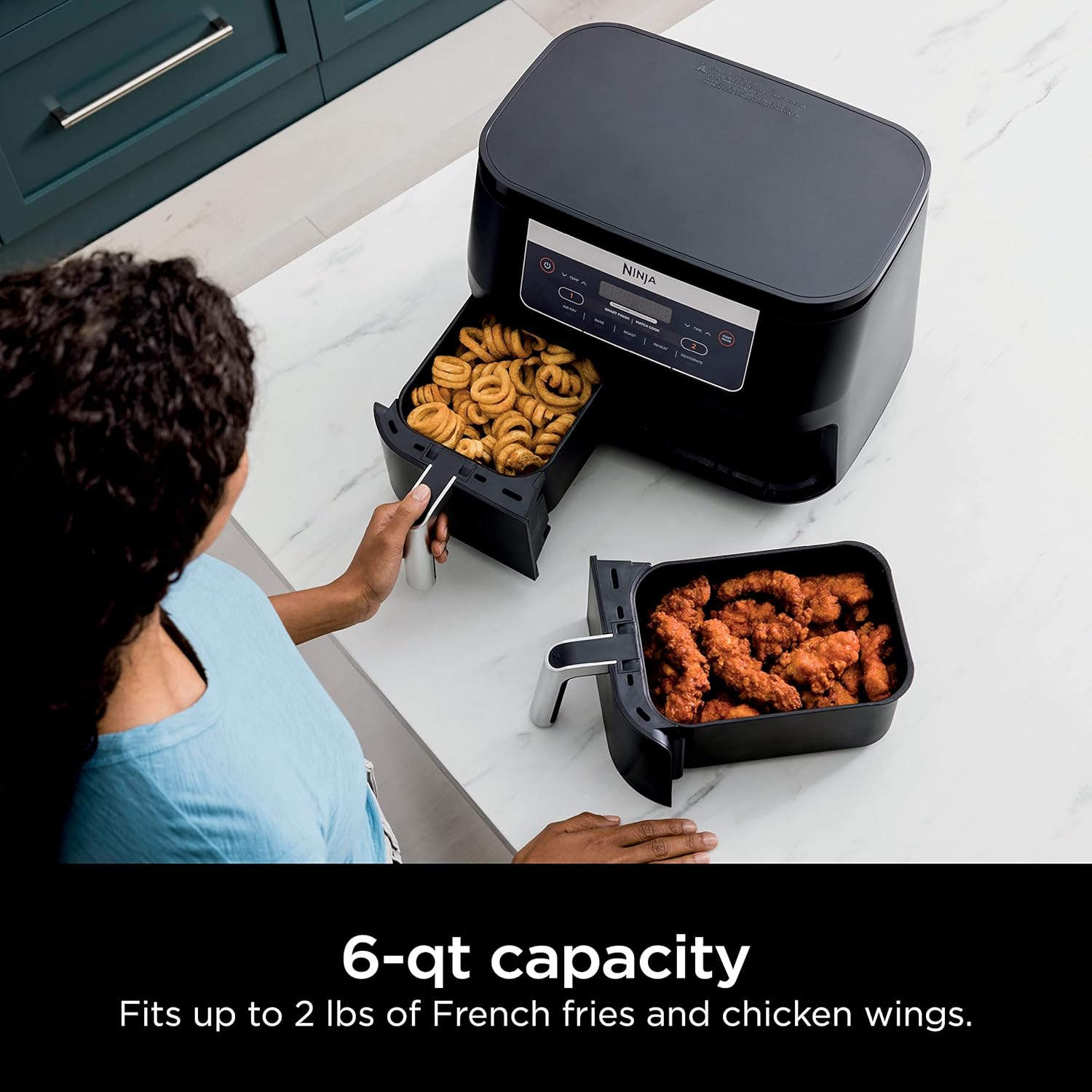 Ninja DZ090 6-Quart Dual-Zone 2-Basket Air Fryer - Roast, Bake, Dehydrate (Renewed)