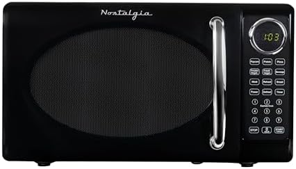 Nostalgia Retro Microwave Oven - 0.7 Cu Ft, 700-Watt Countertop Size with Glass Turntable, Child Safety Lock, 8 Auto-Cook Programs, Digital Clock - Black