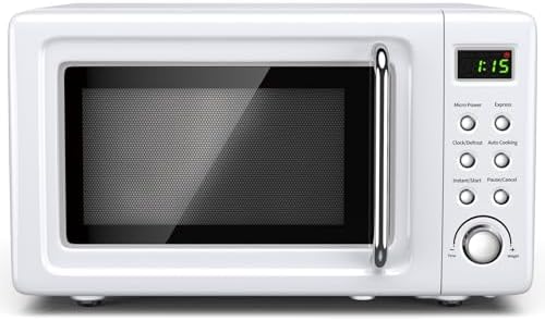 Retro Countertop Microwave Oven, Large 0.7Cu.ft, 700-Watt, Cold Rolled Steel Countertop with Time Setting, Glass Turntable Plate, Pre-Programmed Cooking Settings, LED Display, Child Lock (White)