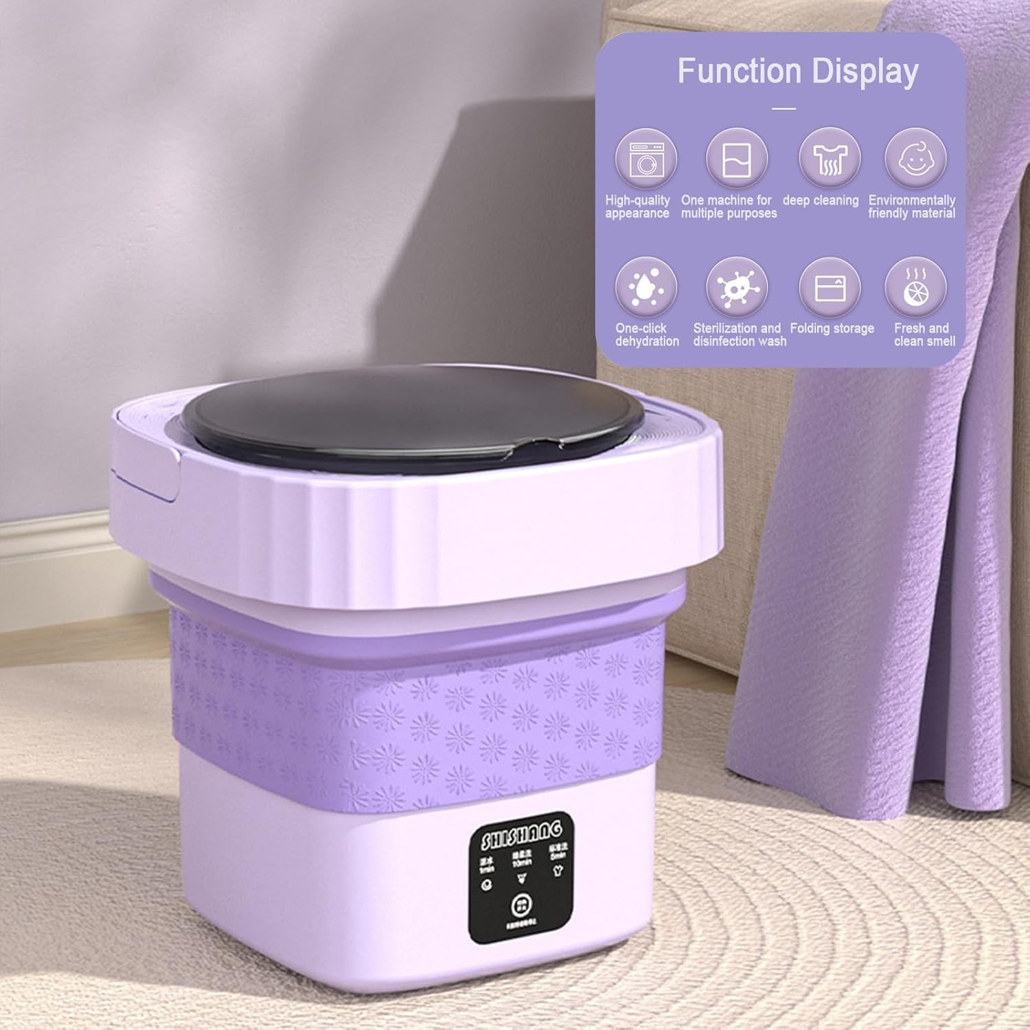 THAMBA Foldable Mini Washing Machine, Small Portable Washing Machine with 3 Modes Deep Cleaning with Blue Light and with Detachable Drain Basket Best Gift Choice (Color : Green)