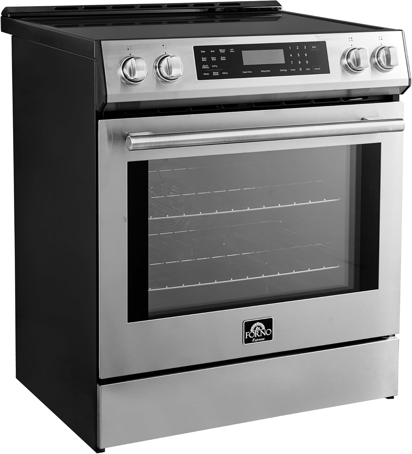 FORNO 30-Inch Espresso Donatello Freestanding Induction Range - 5.0 cu. Ft. 240V 8100W LED Screen with 4 Radiant Elements & 2 Oven Racks - Stainless Steel Kitchen Induction Range with Convection Oven
