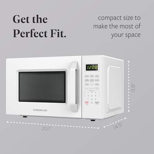 Farberware FMO11WEIWH 1.1 Cu. Ft. 1000-Watt Countertop Microwave Oven, White – Compact Microwave with Reheat Function, Express Cook, and Kitchen Timer