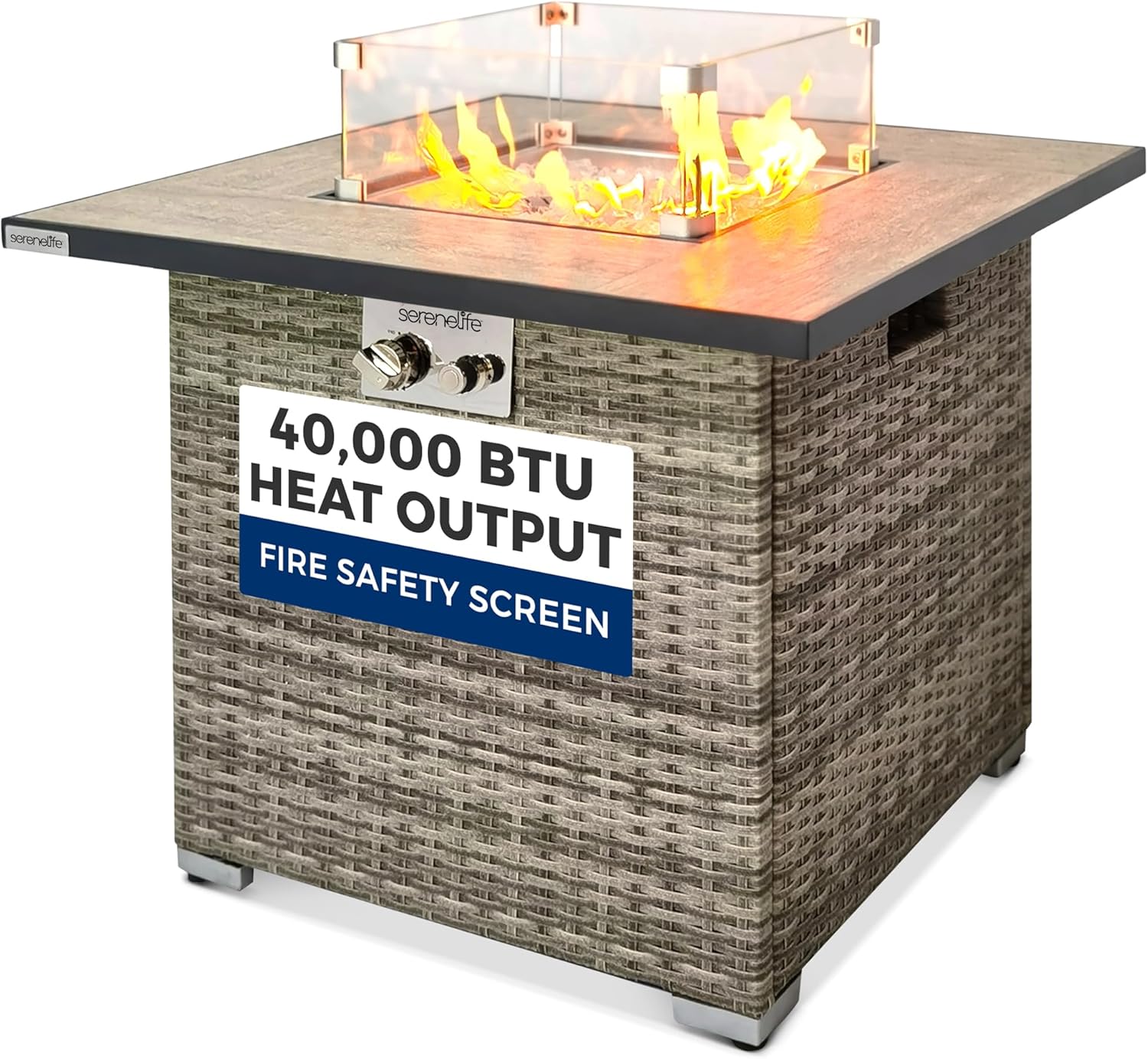SereneLife Tabletop Propane Firepit, 30” Square Base Fire Table with Tile Tabletop & Clear Glass Rocks, 50,000 BTU, Stainless Steel Burner, Tempered Glass Wind Guard, Weather Resistant, 30”x30”x24”