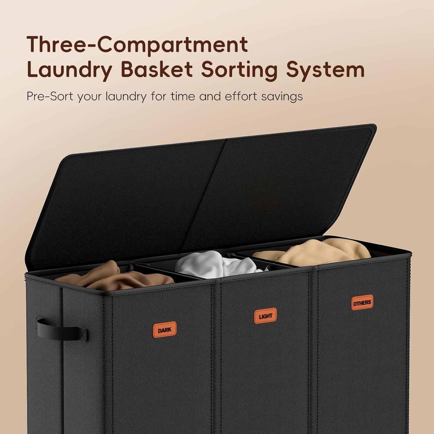 185L Laundry Hamper 3 Section, Laundry Hamper with Lid, Dirty Clothes Hamper with 3 Removable Washing Bags, Extra Large Laundry Basket Organizer for Bedroom, Laundry Room, Dorm - Black
