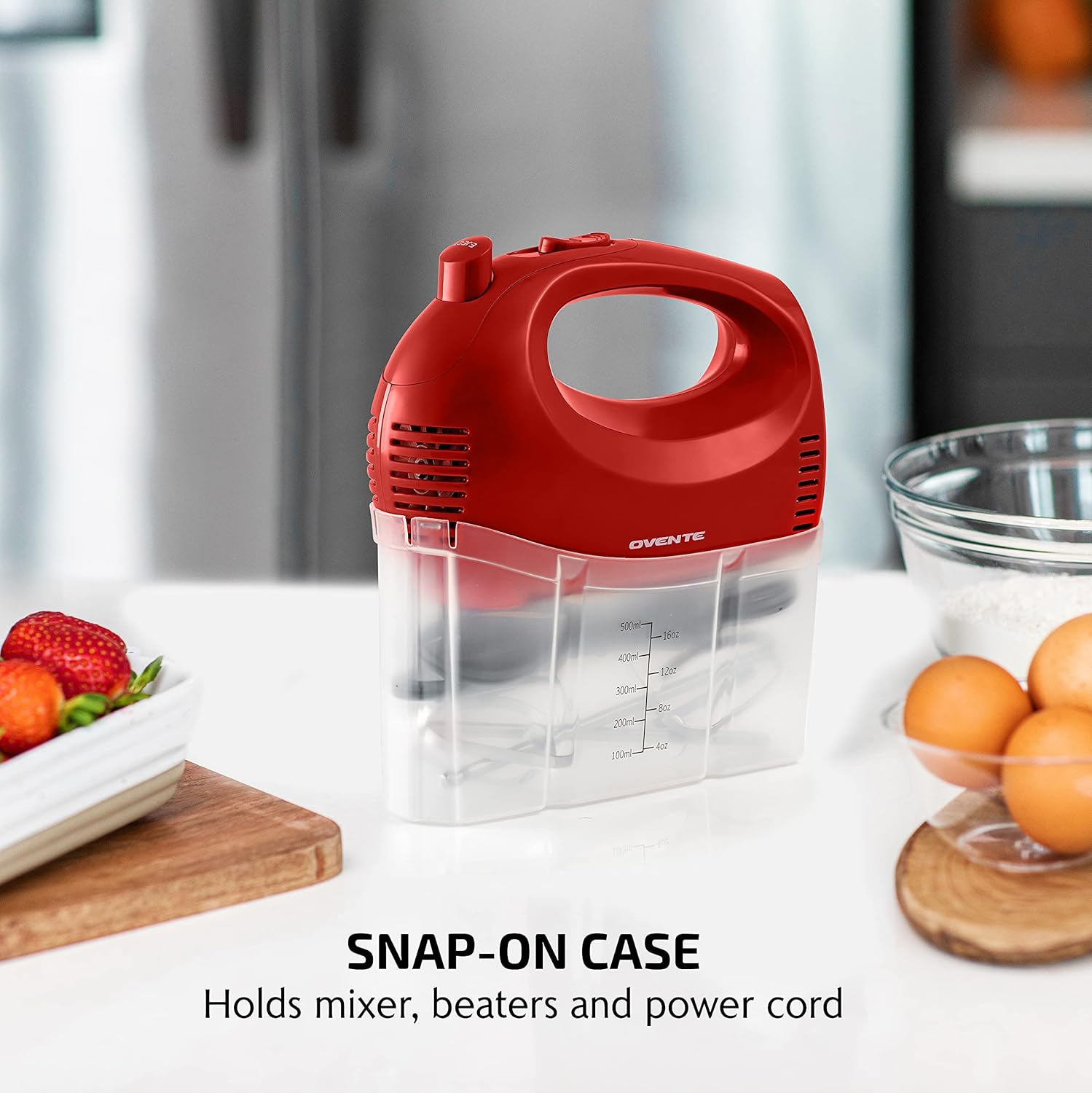 OVENTE 5-Speed Electric Hand Mixer with Stainless Steel Mixing Whisk, Snap-On Storage Case, Portable & Lightweight 150W Motor, Compact Handheld Mixer for Baking, Blending or Cooking, Red HM151R