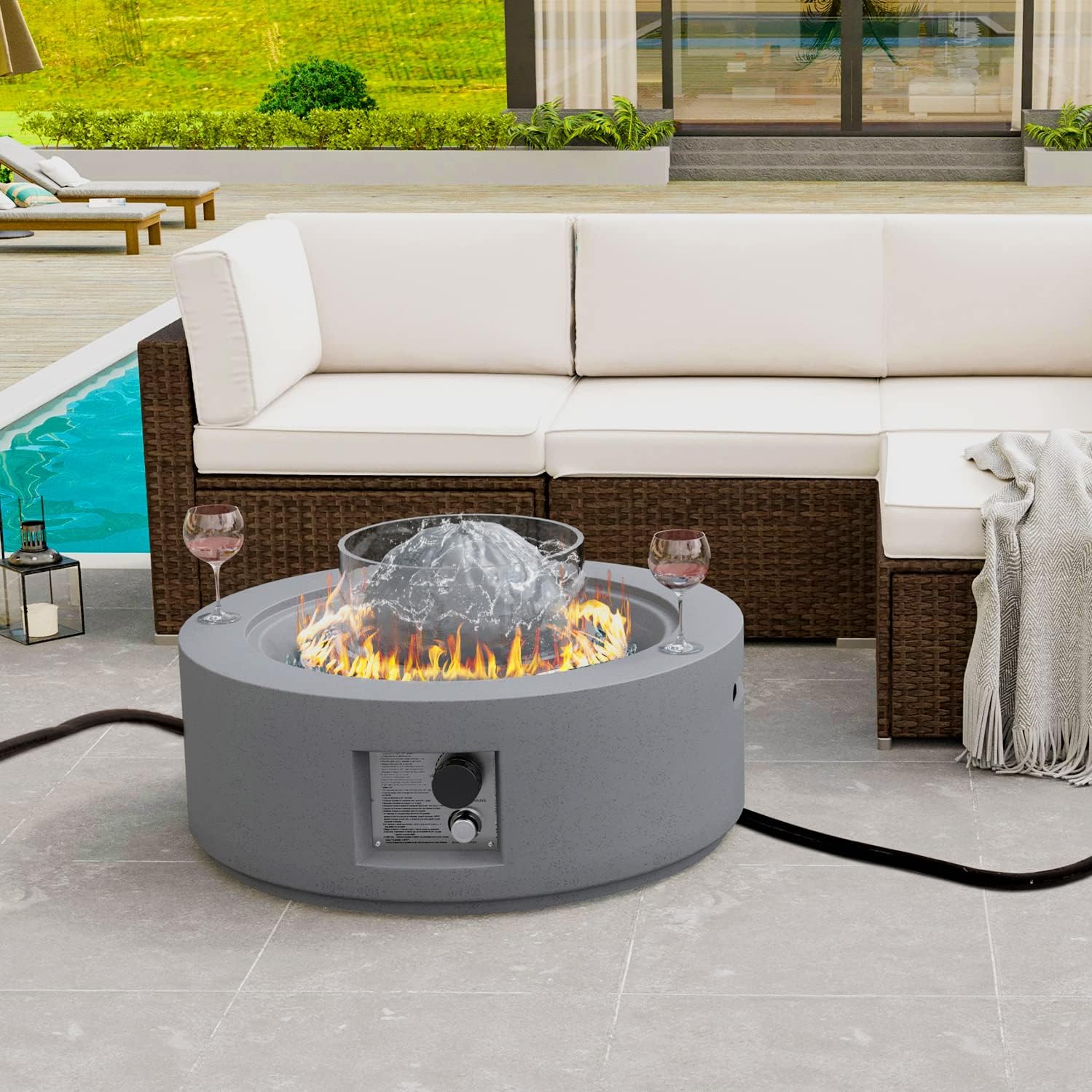 HOMPUS Outdoor Fountain Propane Fire Pit 50,000 BTU 29.3-inch Round Concrete Gas Fire Table Smokeless Firepit with Wind Gurad,Glass Stone and Rain Cover for Garden,Deck,Backyard Gray