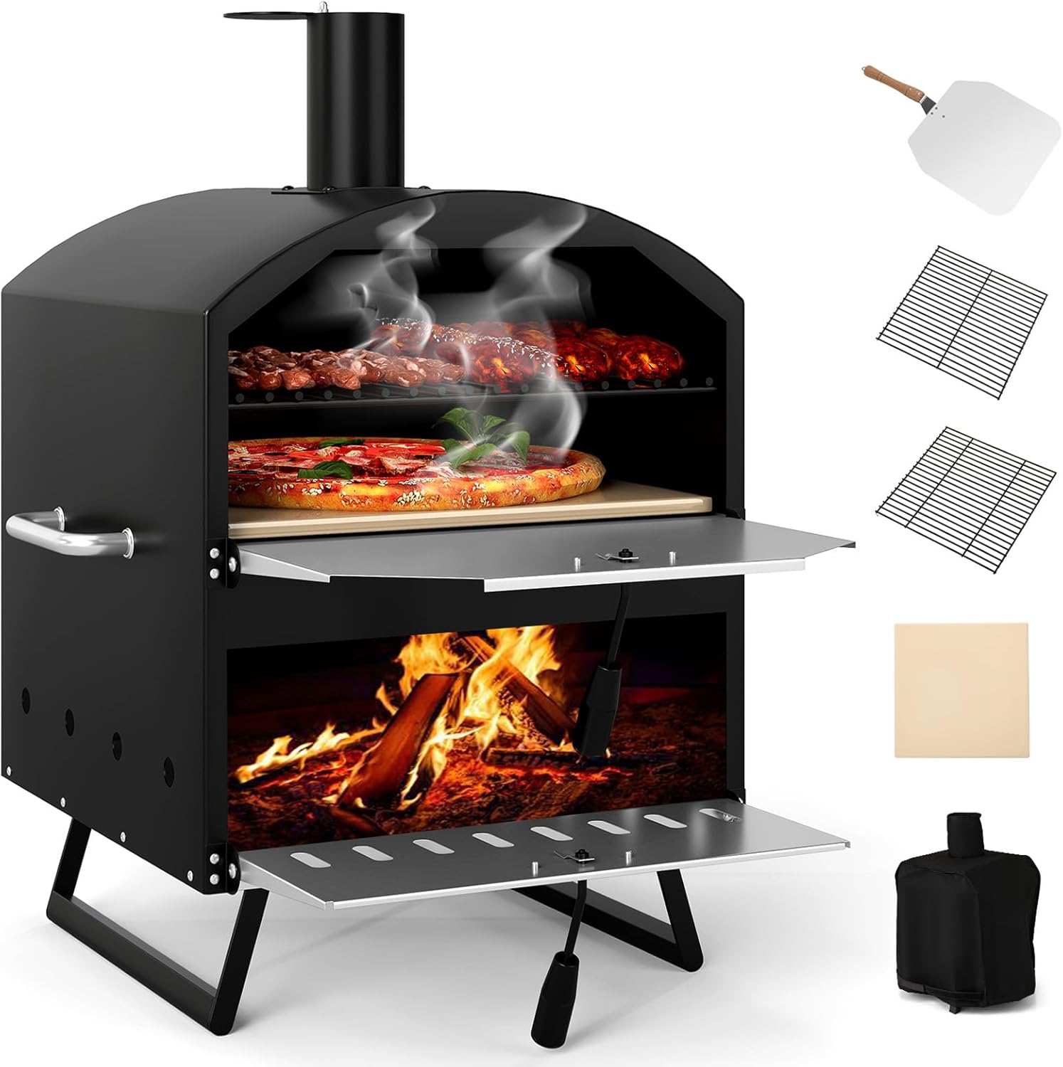 Giantex Wood Fired Outdoor Pizza Oven with 16-Inch Pizza Stone, 2-Layer Cooking Space, Portable Pizza Maker for Backyard, Camping & BBQ, Foldable Legs, Charcoal & Wood Burning Grill
