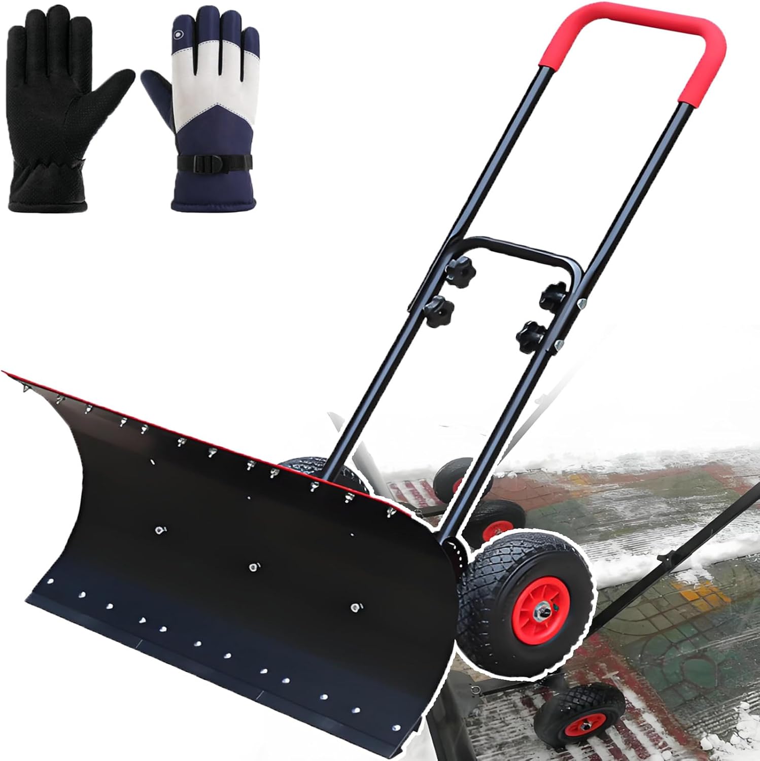 Winter Snow Shovel with Wheels - Outdoor Snow Pusher Shovel - Push Snow Snowplow, Anti-Slip Tires, Double Lever Handle, Adjustable Snow and Ice Removal