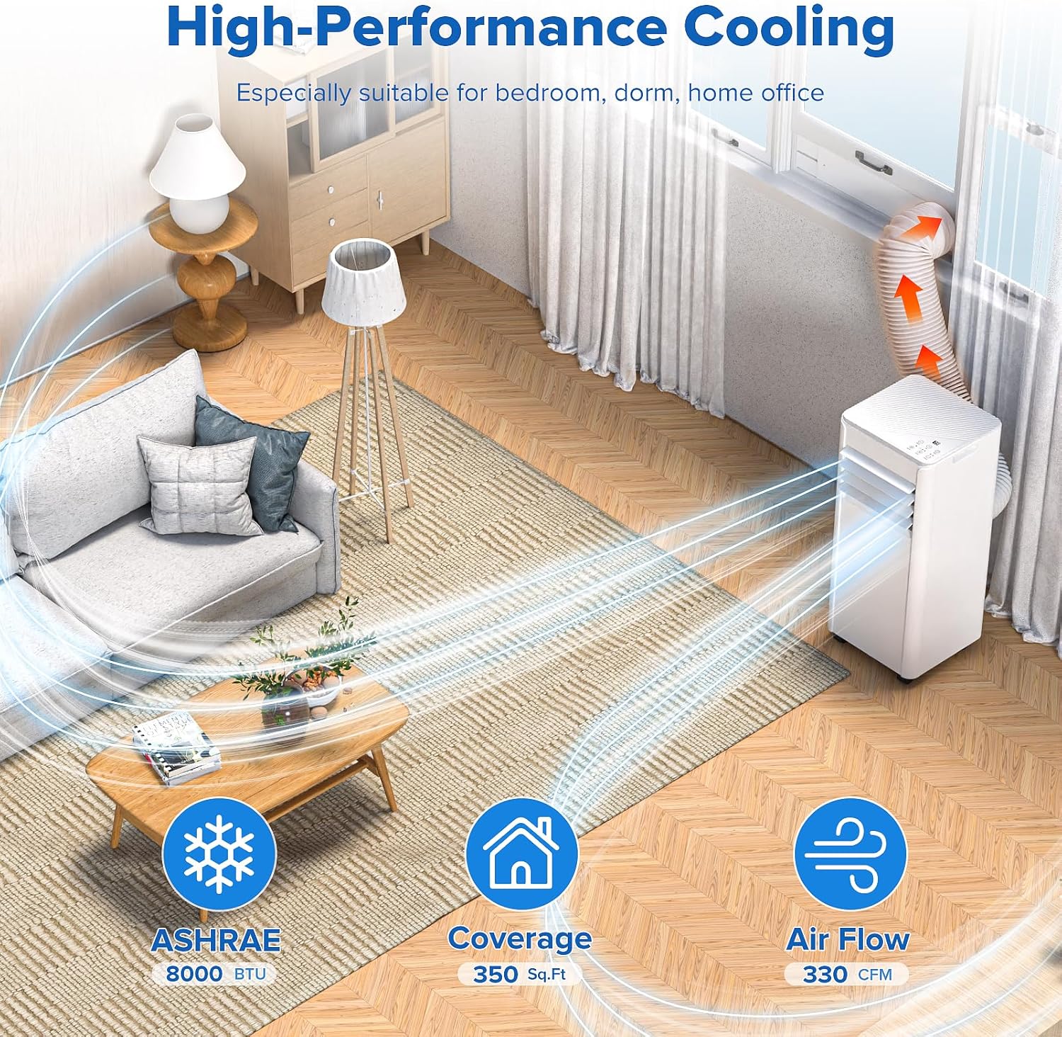 ZAFRO 8000 BTU Portable Air Conditioner Cools up to 350 Sq. Ft., Remote Control, LED Display, 3-in-1 Modes Portable AC Units with Window Kits for Bedroom, Home, Dorm, Office, White