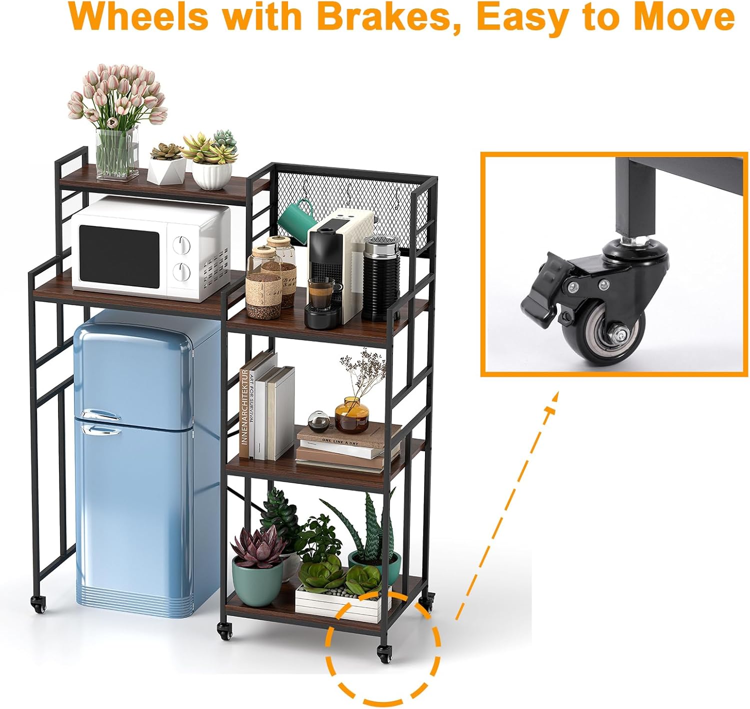 tonchean Mini Fridge Stand with Storage 6-Tier Kitchen Bakers Rack with Wheels Multi-Functional Microwave Oven Stand Table with Height Adjustable Shelves for Kitchen, Living Room, Office