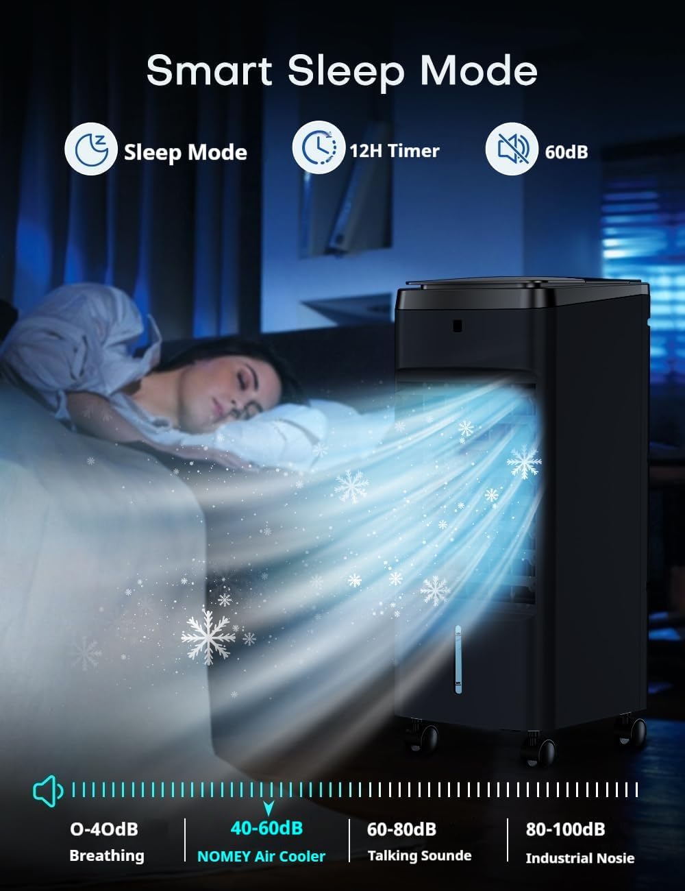 NOMEY 3-IN-1 Portable Air Conditioners 4 Modes & 3 Speeds, Waterless Alert System, 12H Timer, 1 Gal Detachable Water Tank, 4 Ice Packs, Remote, 70° Oscillation Windowless Evaporative Air Cooler