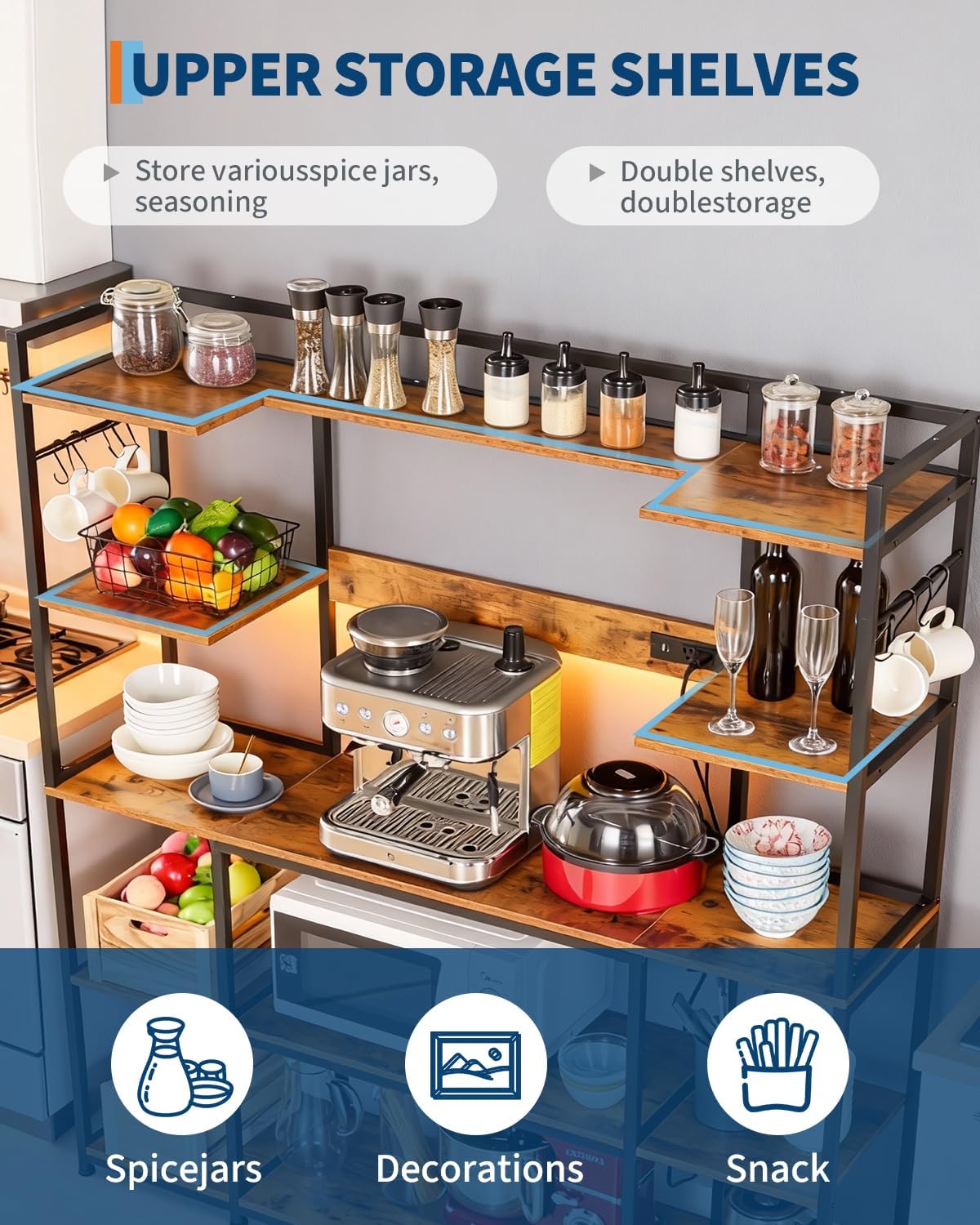 Garvee Kitchen Bakers Rack with Power Outlet 55 * 66inch, Microwave Oven Stand with Storage 4 Tiers, Coffee Bar Table with 6 S Hooks, Kitchen Storage Shelf Rack for Spices, Pots, Rustic Brown