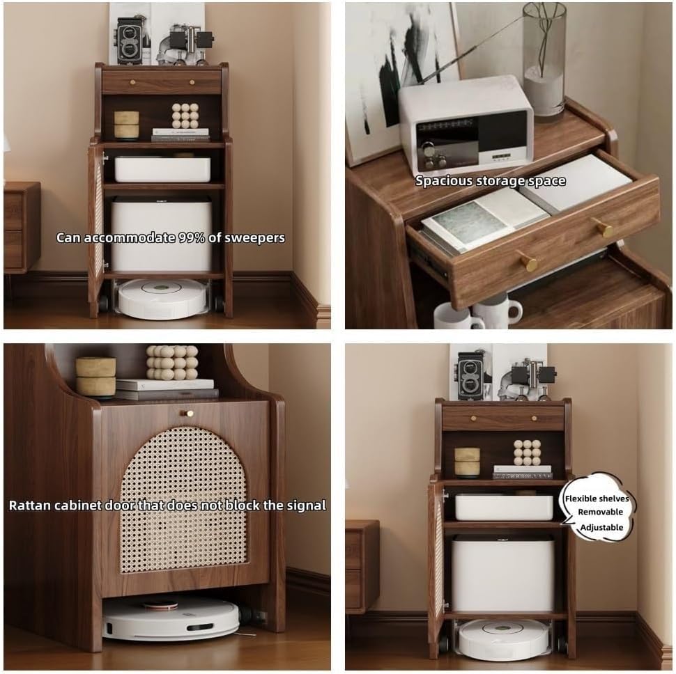 Side Table Robot Vacuum Cleaner Storage Cabinet Hidden Entryway Living Room Cabinet with Rattan Door Sofa Sideboard Solid Construction(Natural,55cm)