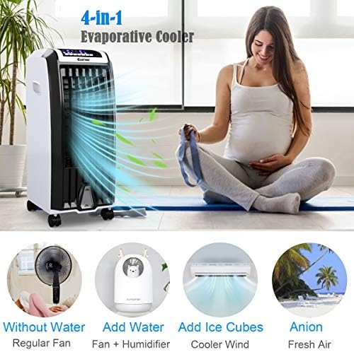 COSTWAY Evaporative Cooler, 4-in-1 Cooling, Fan, Humidifier and Anion, with 3 Wind Modes, 3 Speeds, 7.5H Timer, Portable air cooler with Remote, Built-in Handle, 4 Wheels for Home, Office
